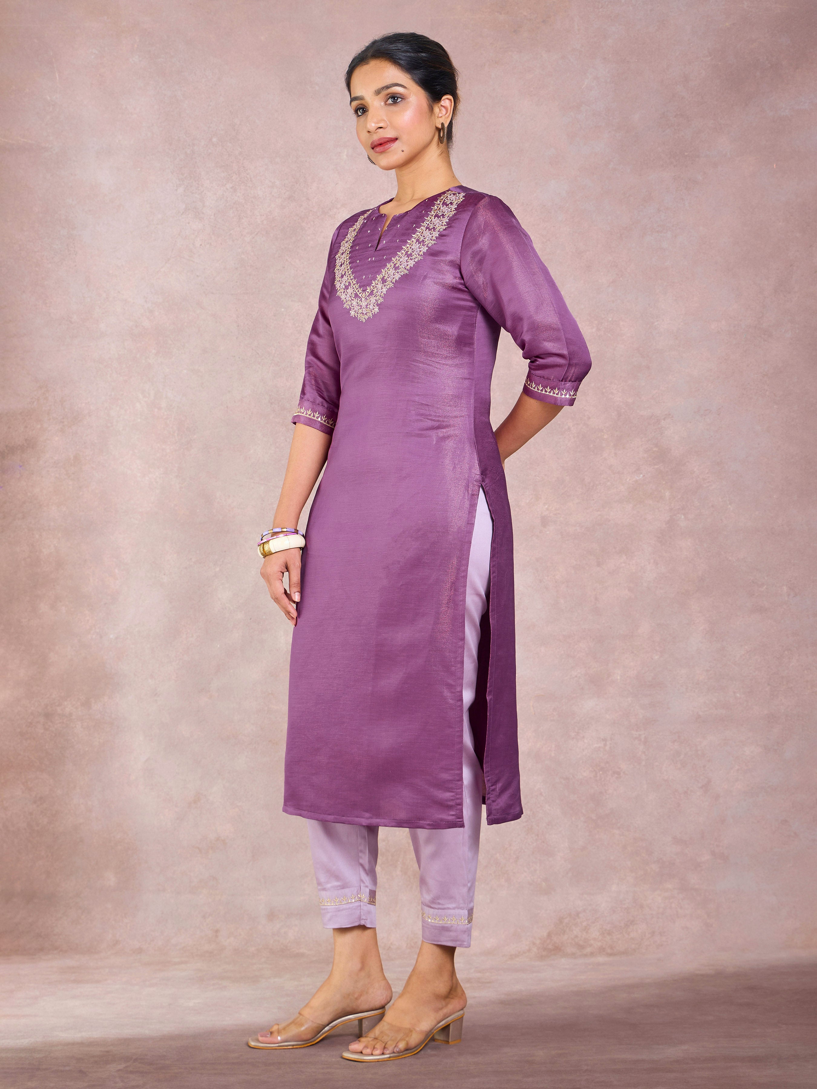 Purple Satin Shimmer Kurti & Bottom Set With Hand Work