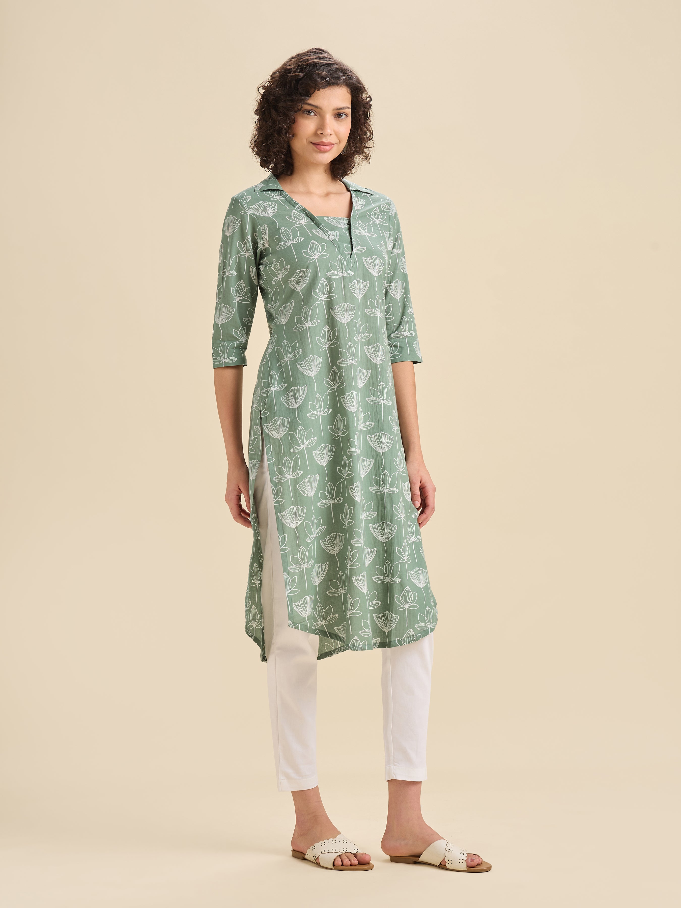 Sage Green Pure Cotton Printed Slited Kurti With Curved Hem