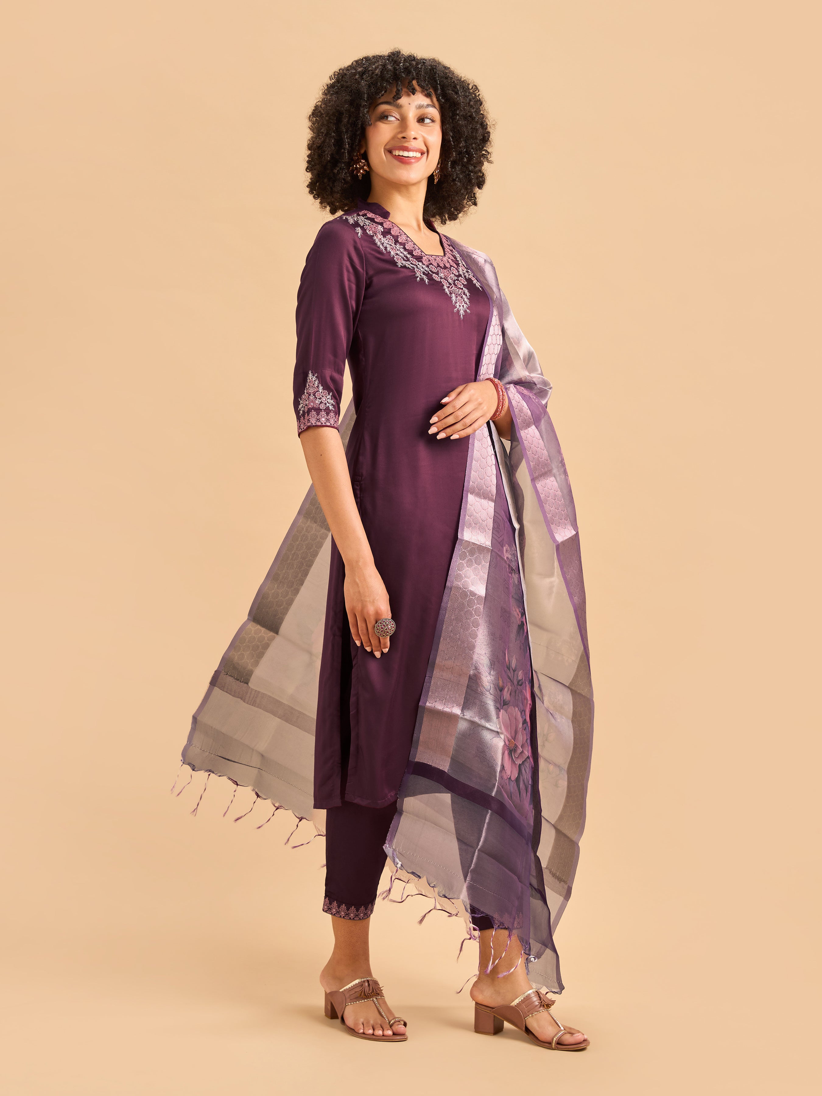 Magenta Modal Satin Kurti Set & Dupatta With Sequins Embroidery