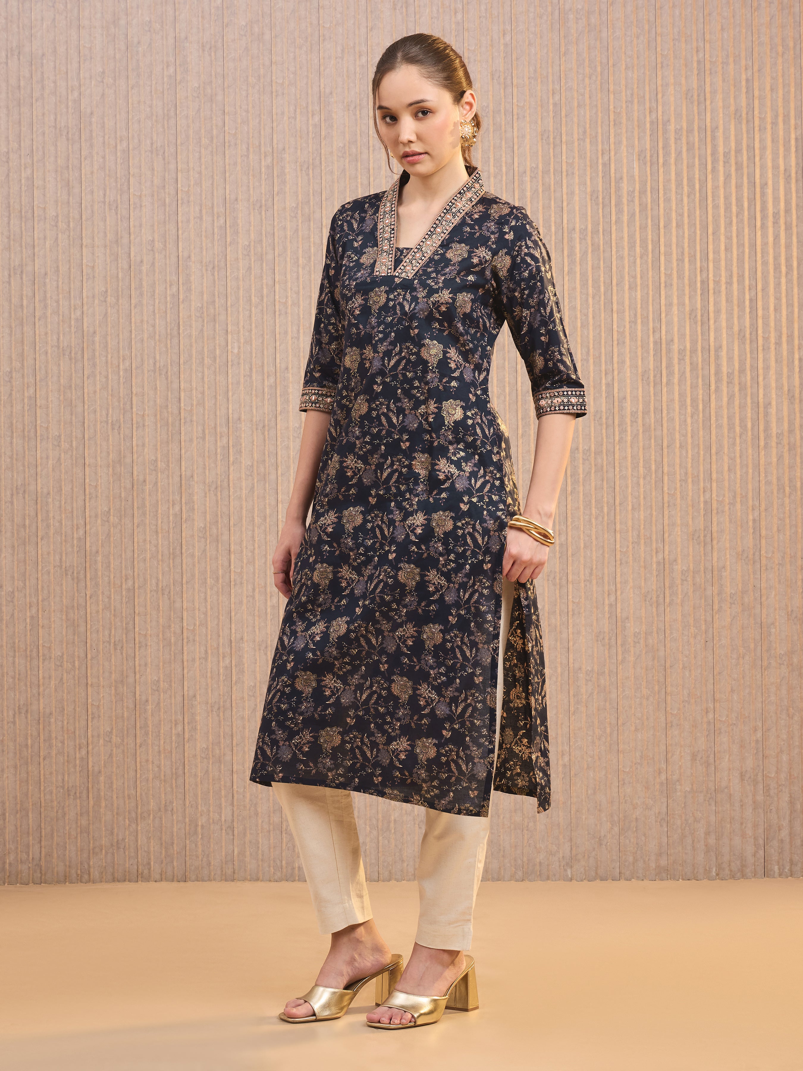 Navy Blue Pure Cotton Foil Printed Kurti With Mirror Work