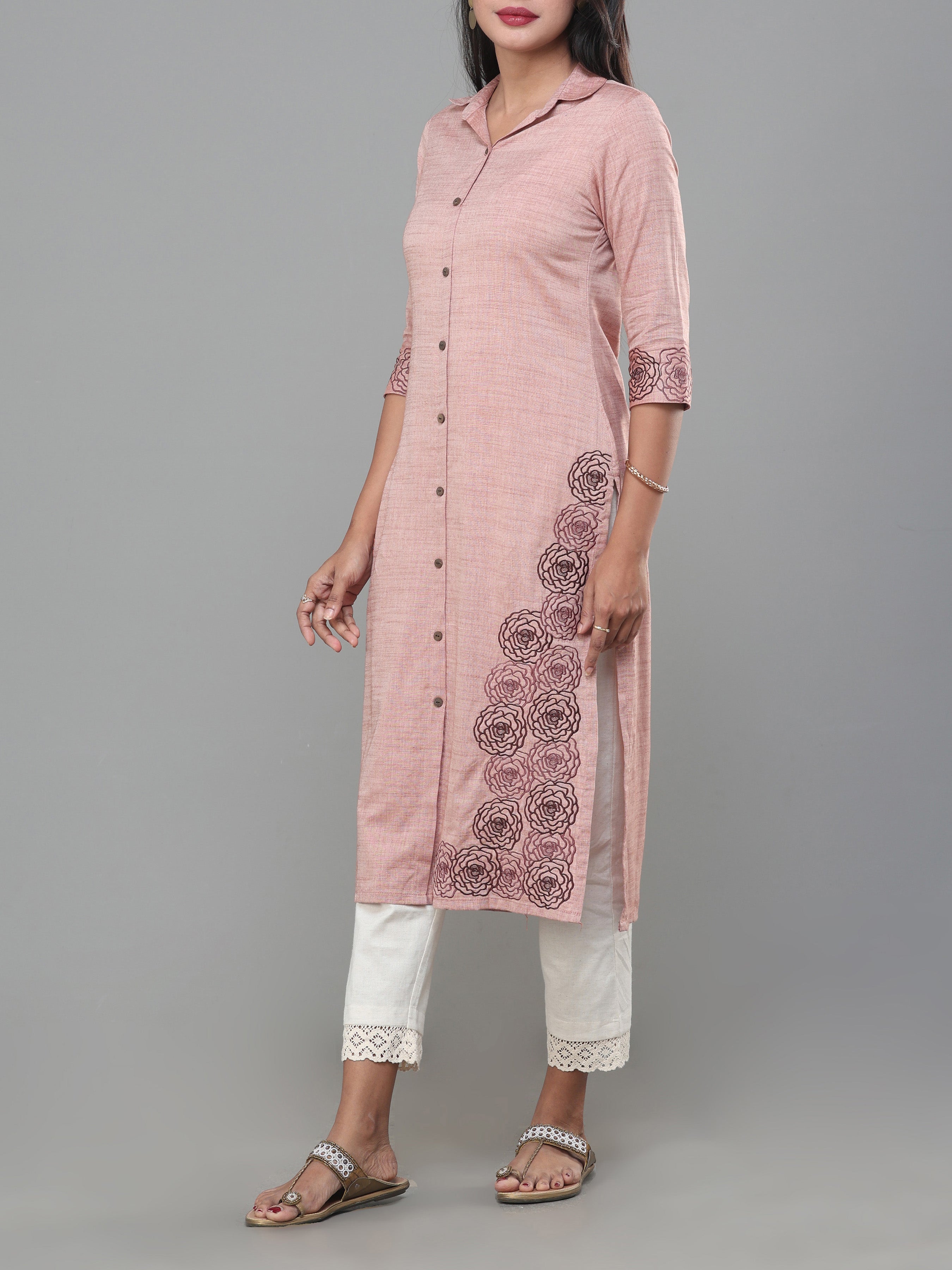 Onion Pink Viscose Cotton Kurti With Embroidery