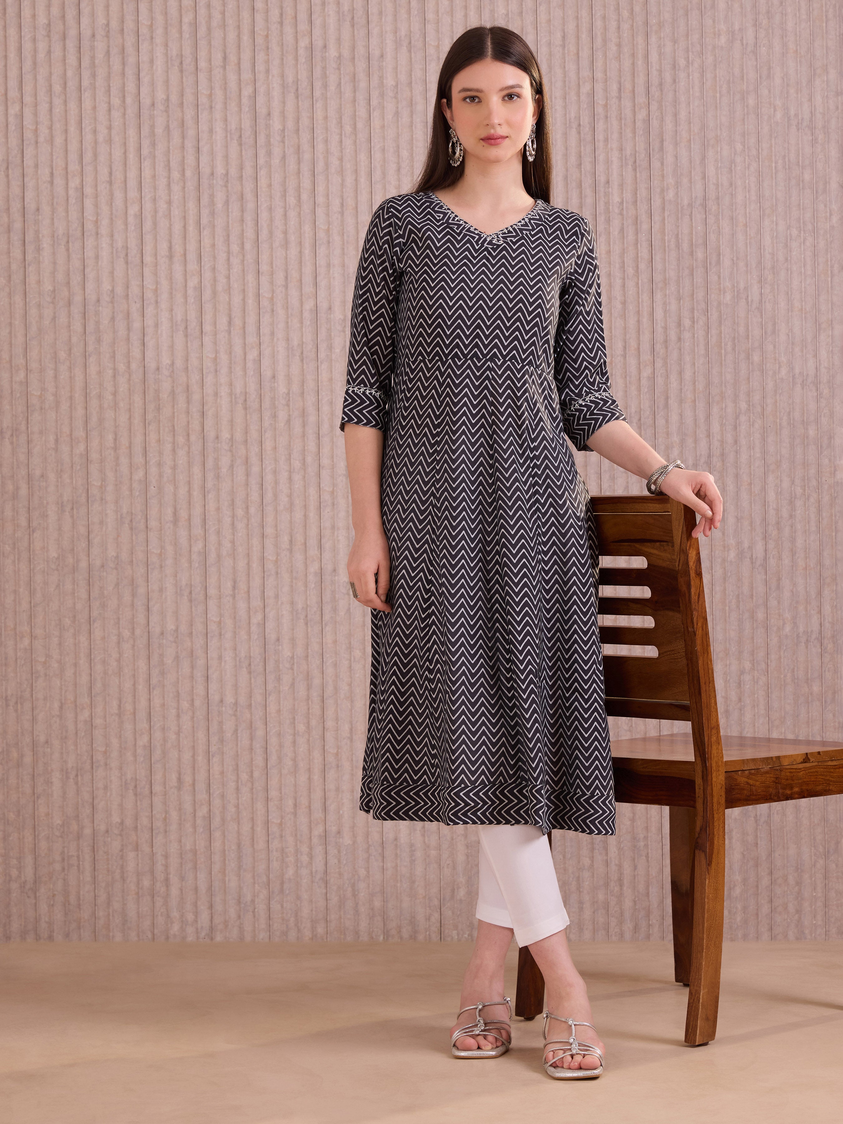 Black Modal Chanderi Printed Kali Cut Kurti With Sequins Embroidery Work
