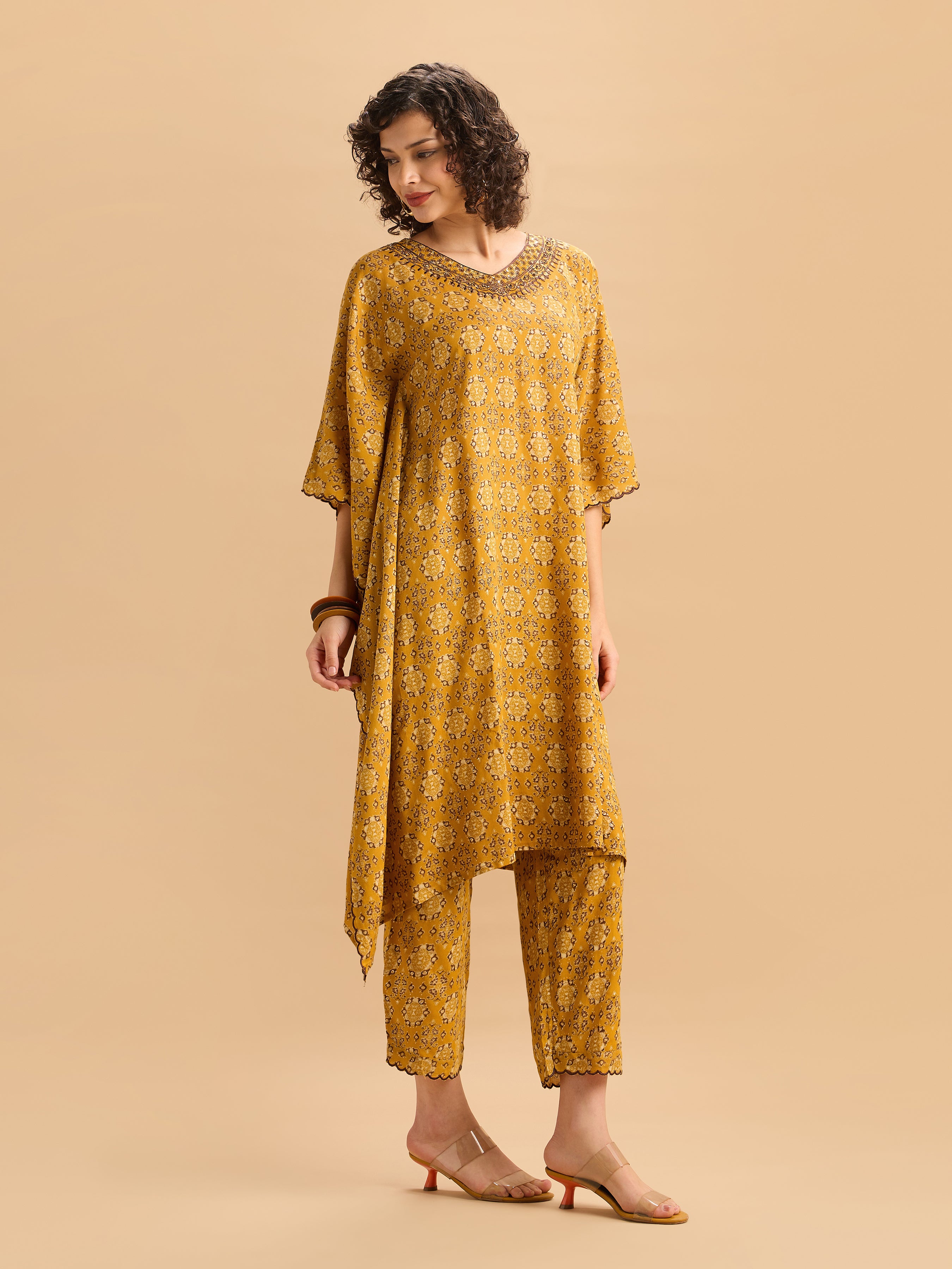Women Wearing Mustard Yellow Viscose Printed Kaftan Set With Hand Work Embroidery
