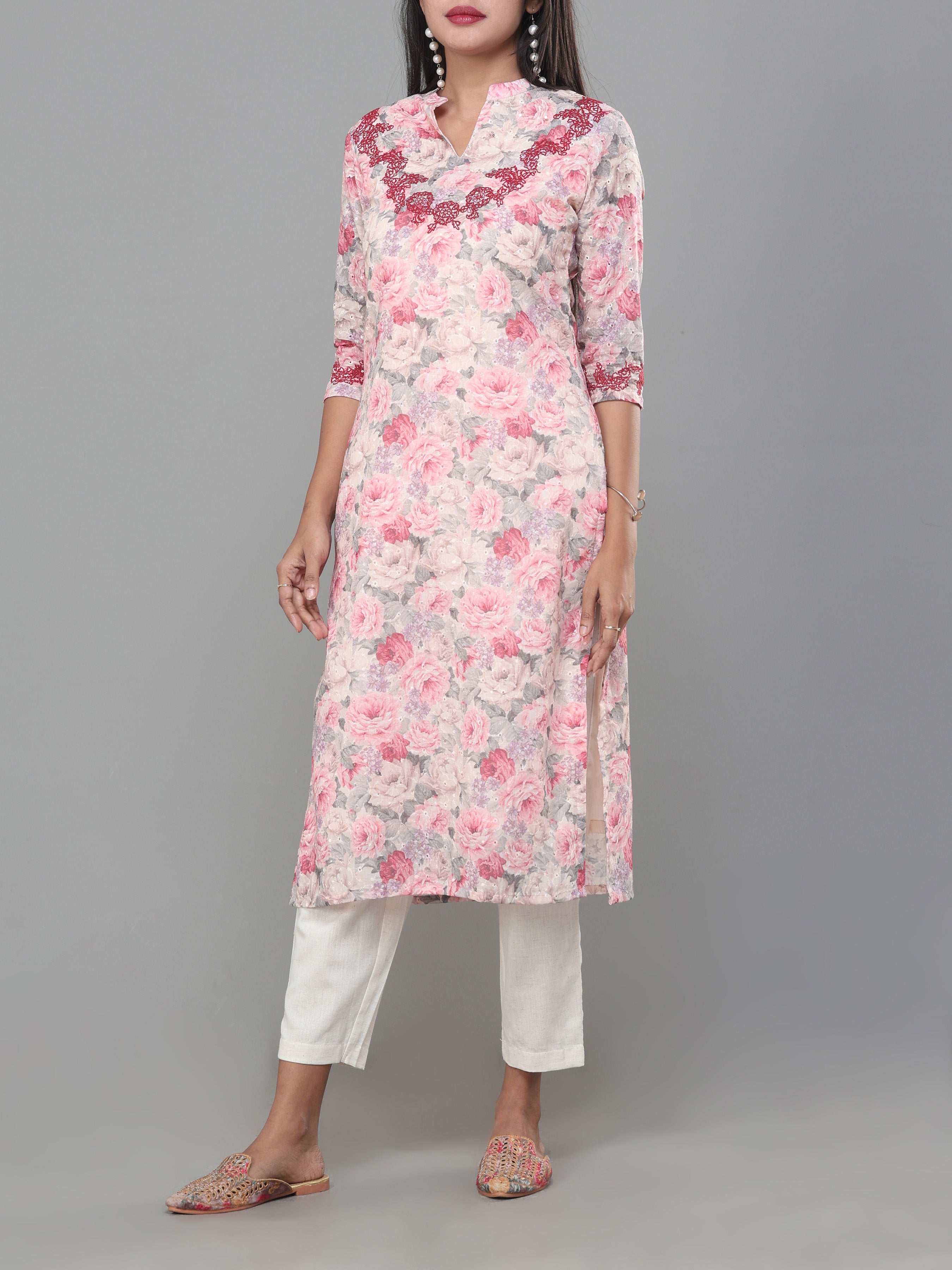 Multi Colour Cotton Schiffeli Printed Kurti With Embroidery And Matching Bottom