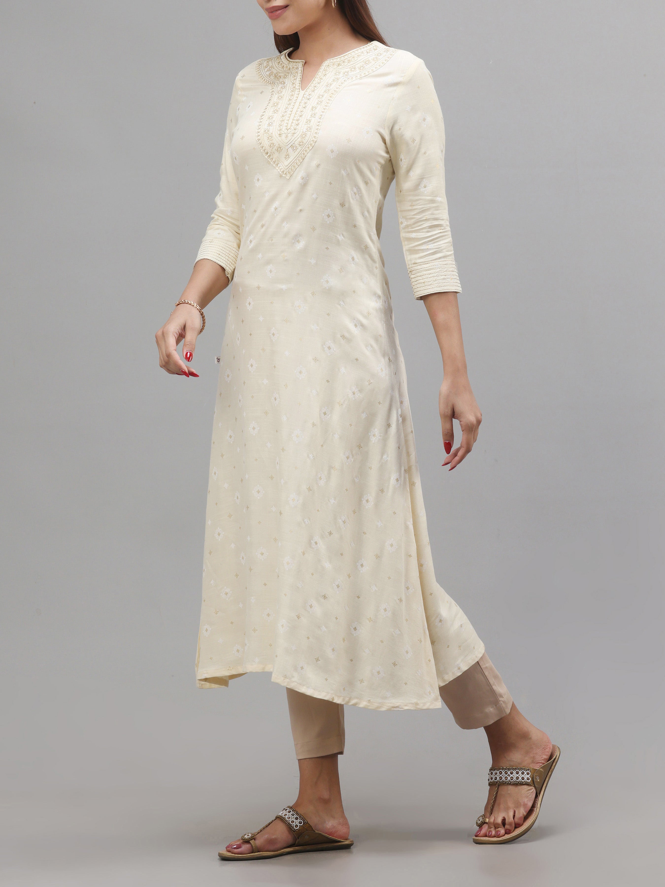 Pale Yellow Viscose Slub Kurti With Embroidery