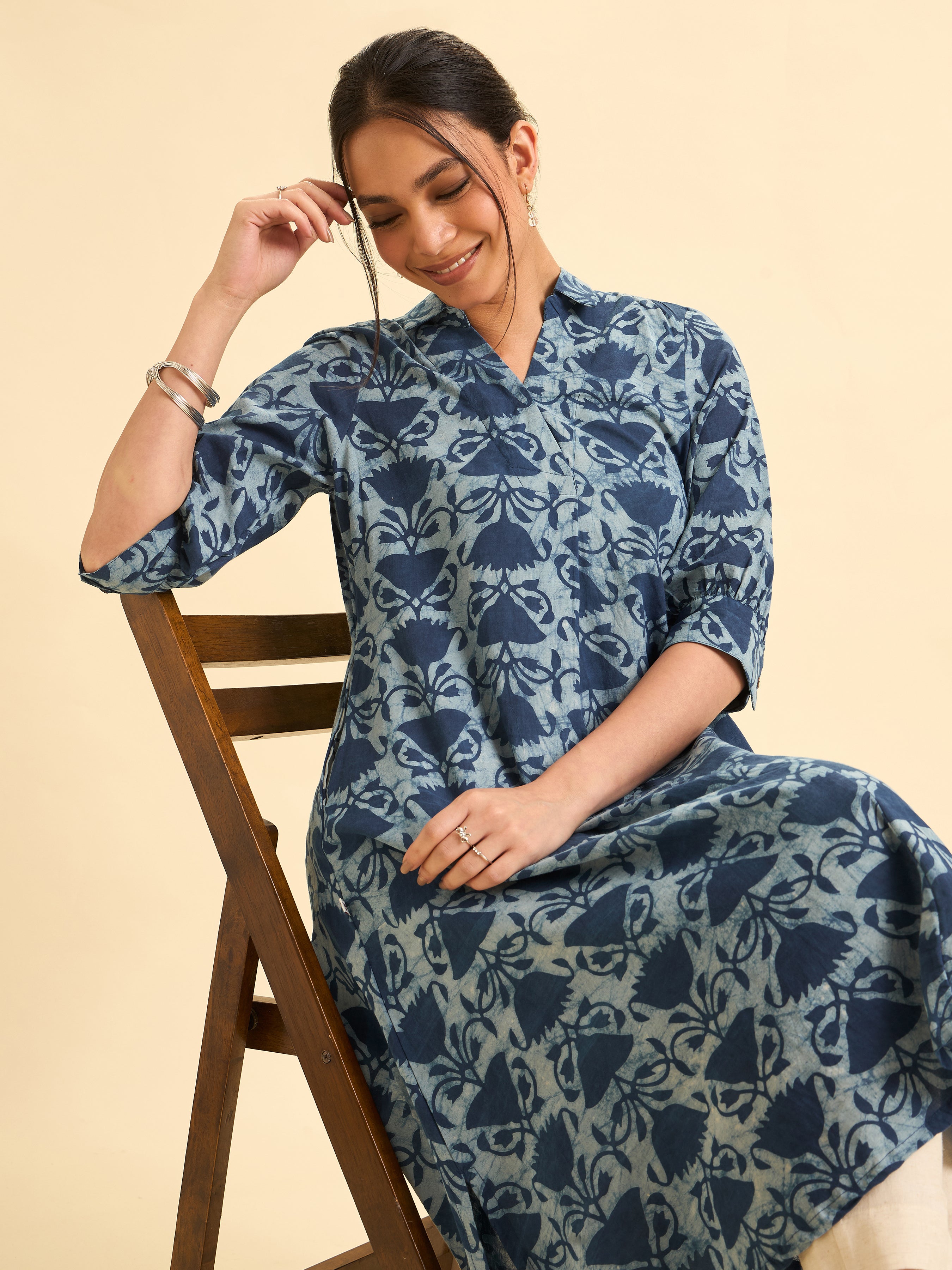 Indigo Cotton Printed Flared Kurti With Curved Hem