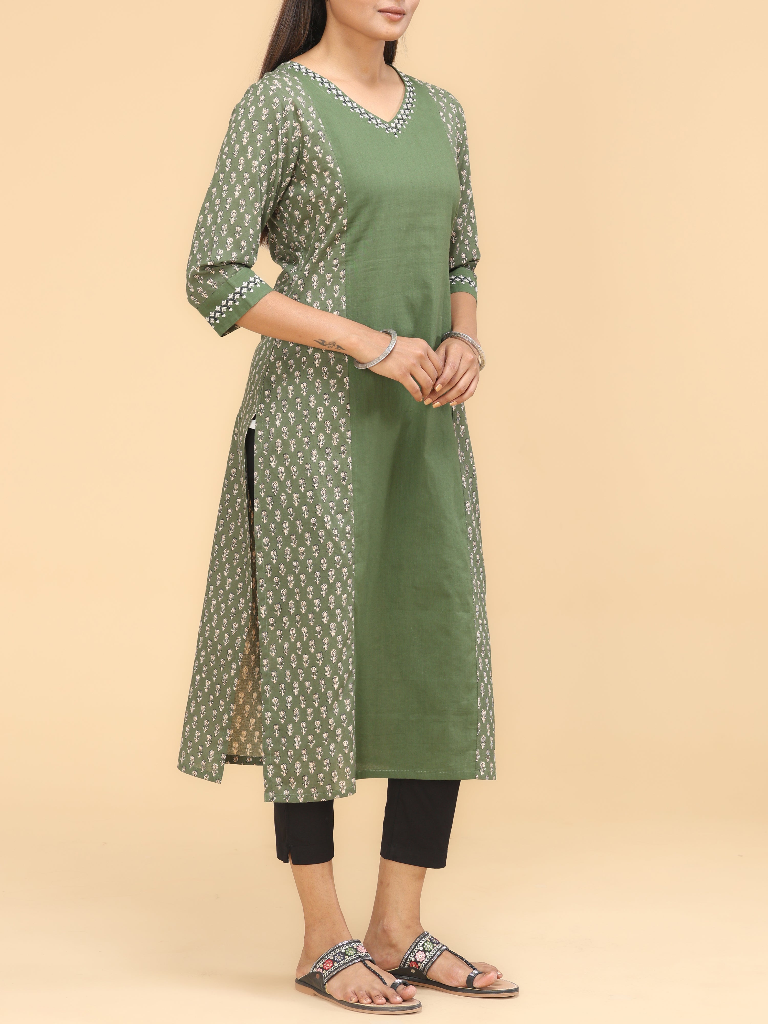 Olive Green Pure Cotton Printed Kurti With Embroidery