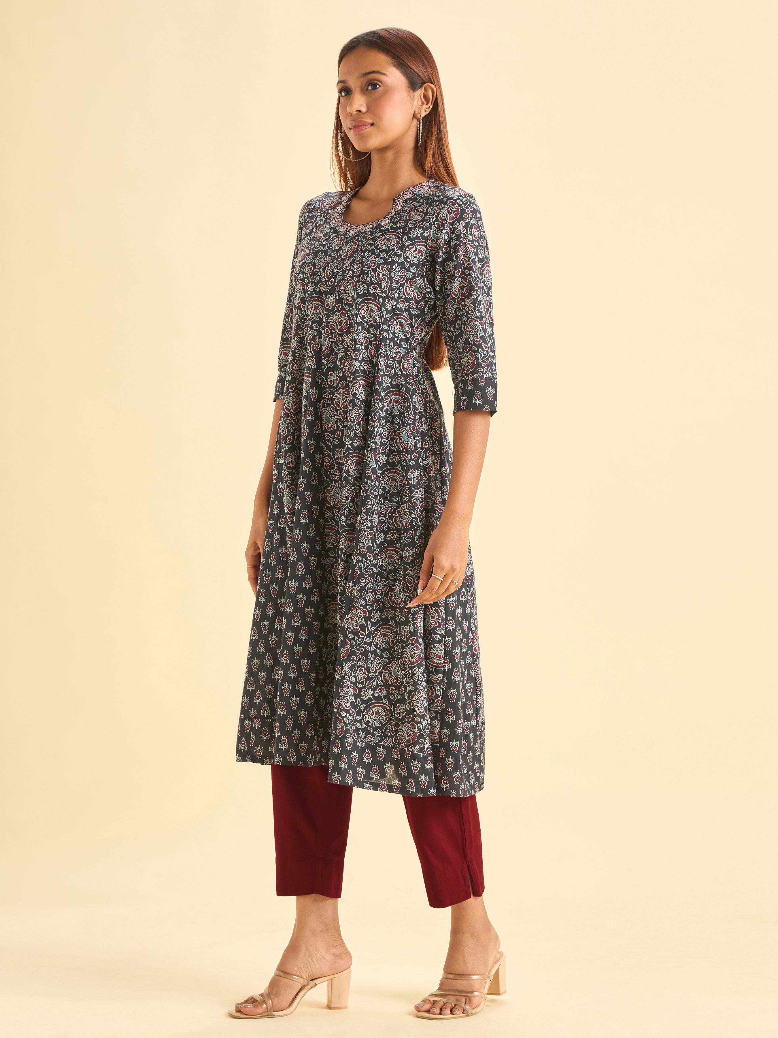 Black Pure Cotton Printed Flared Kalicut Kurti With Embroidery And Sequins