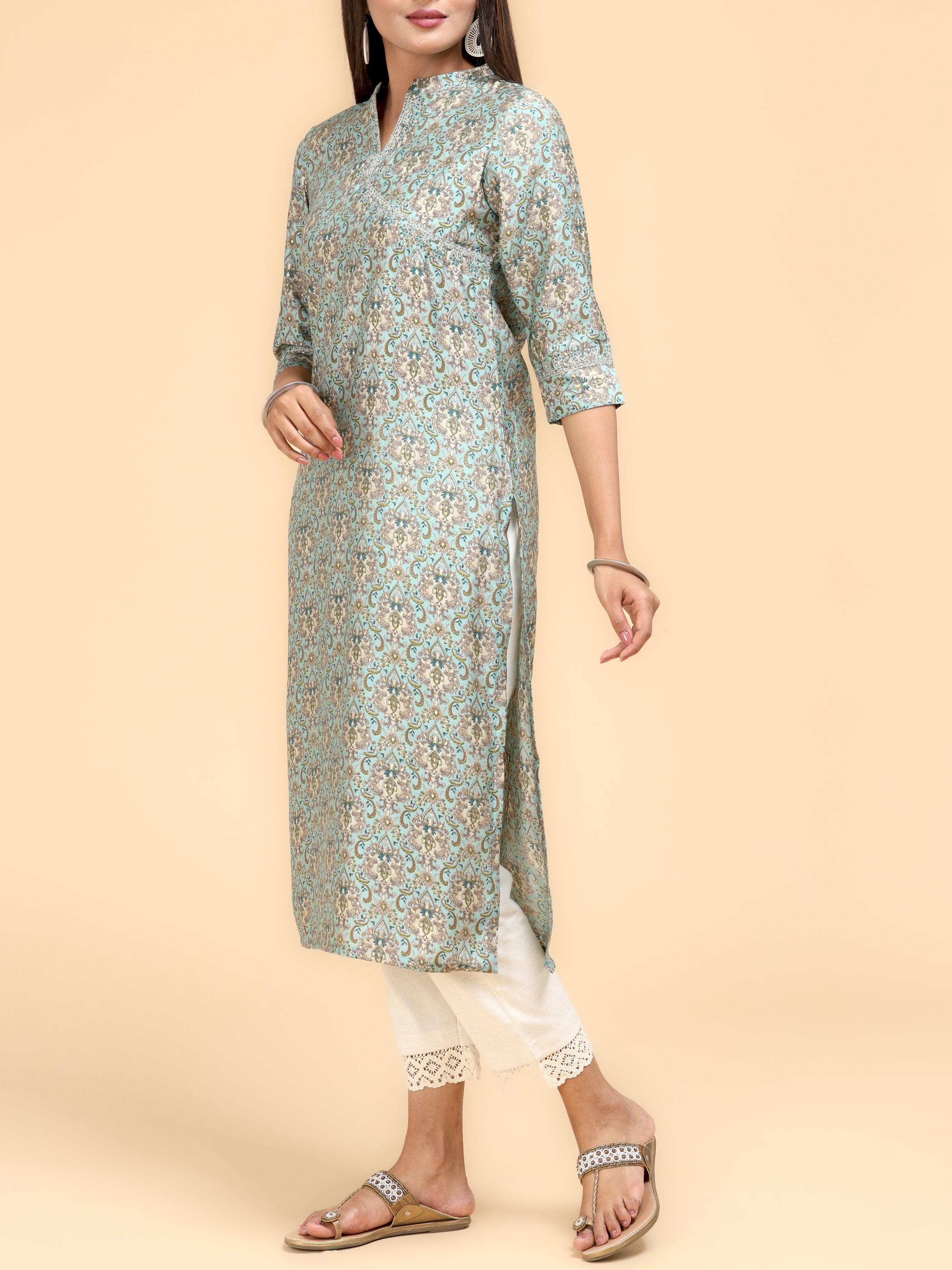 Aqua Green Modal Chanderi Kurti With Print