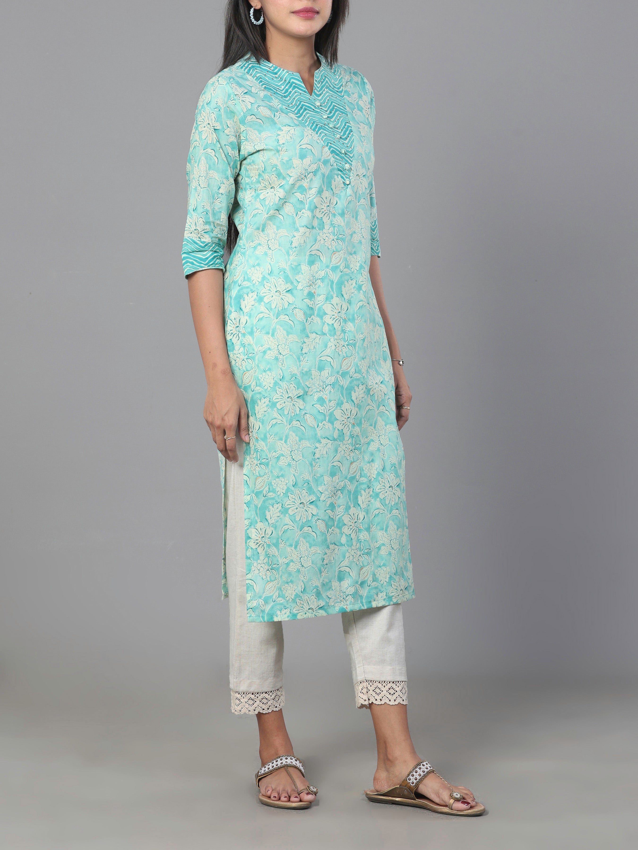 Aqua Blue Pure Cotton Printed Kurti With Embroidery