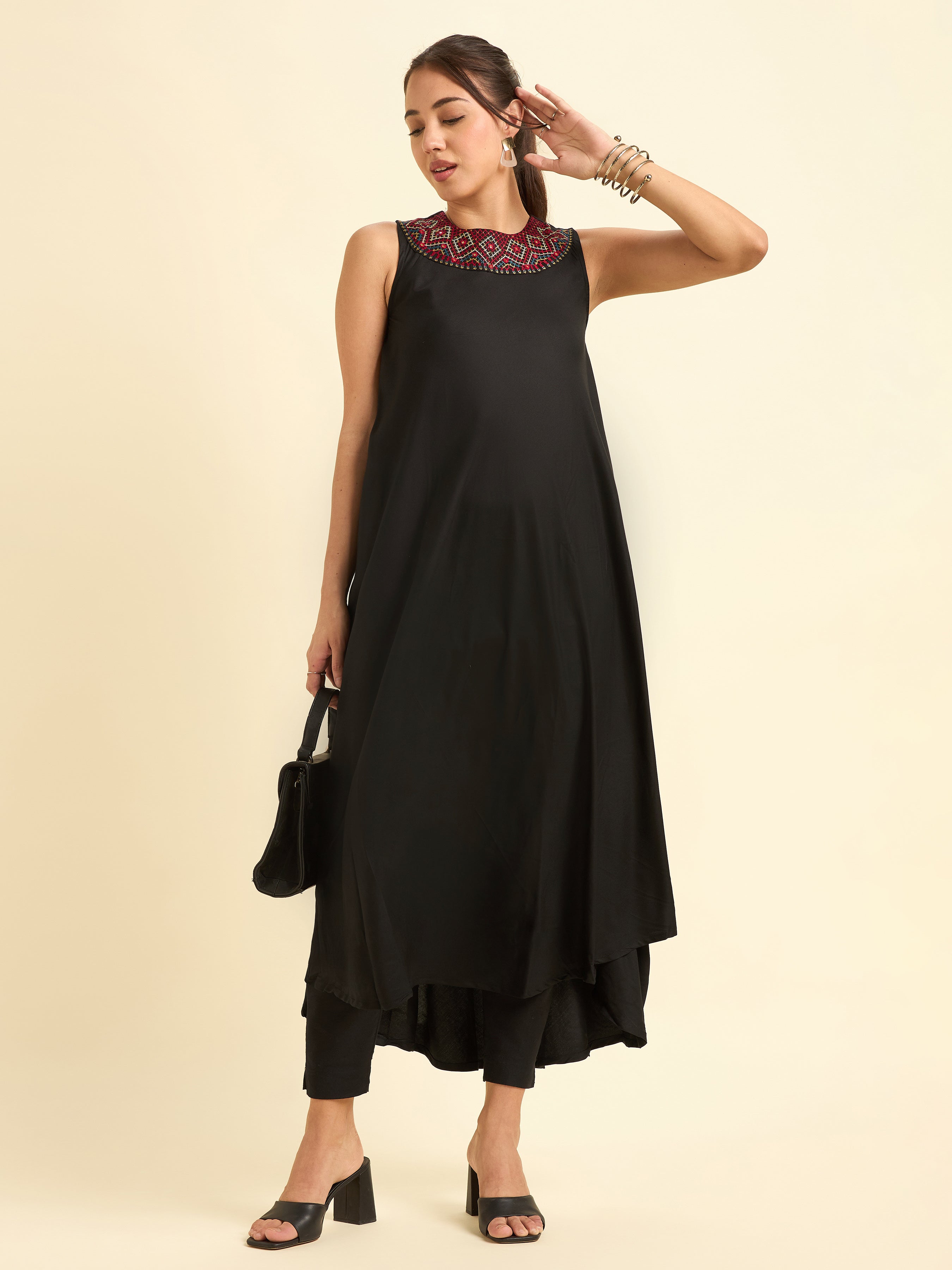 Black Colour Viscose Plain Flared Kurti With Mirror Work Embroidery