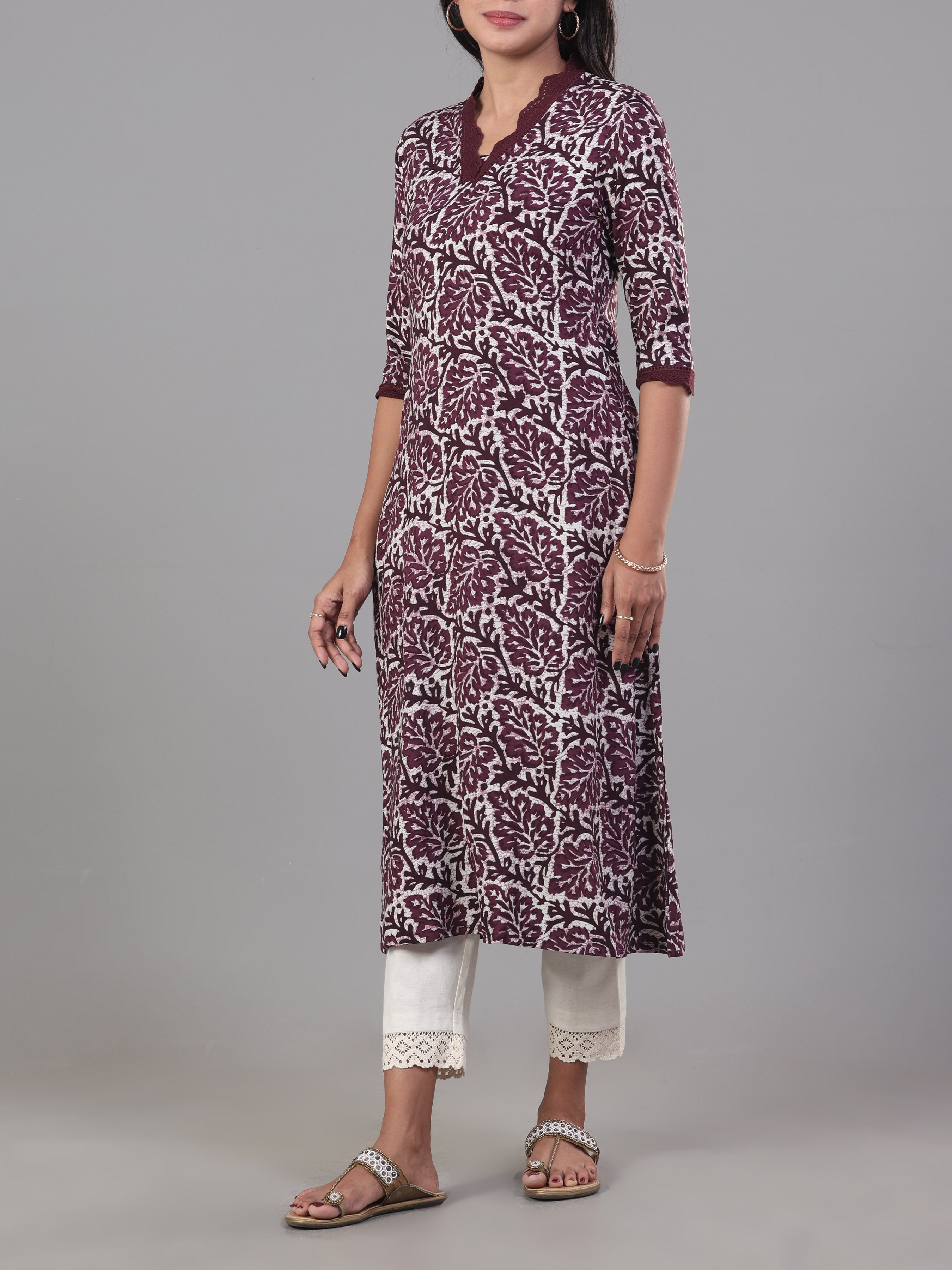 Wine Red Viscose Printed Kurti