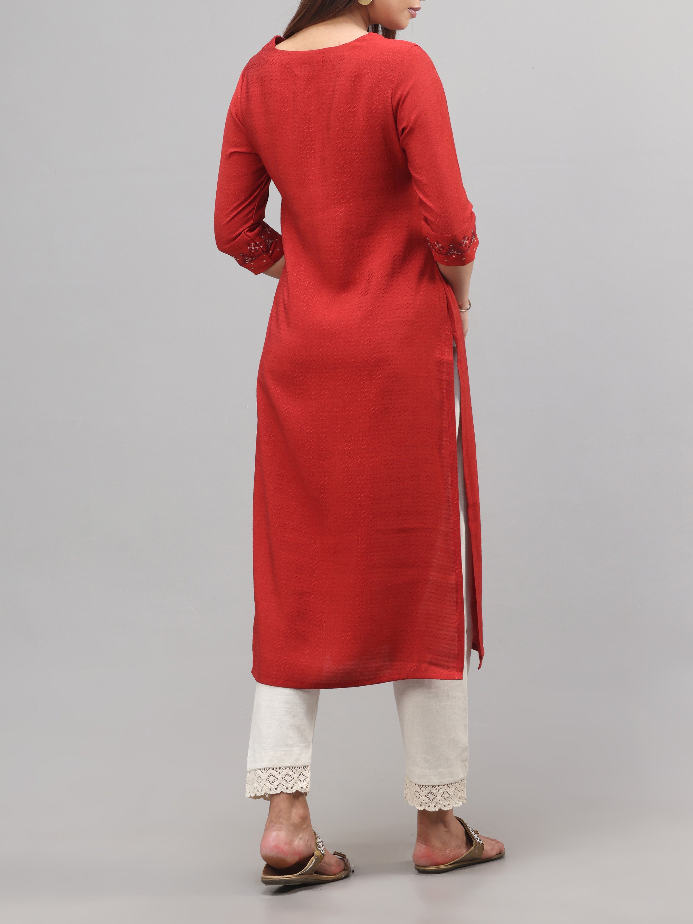 Red Viscose Plain Kurti With Embroidery