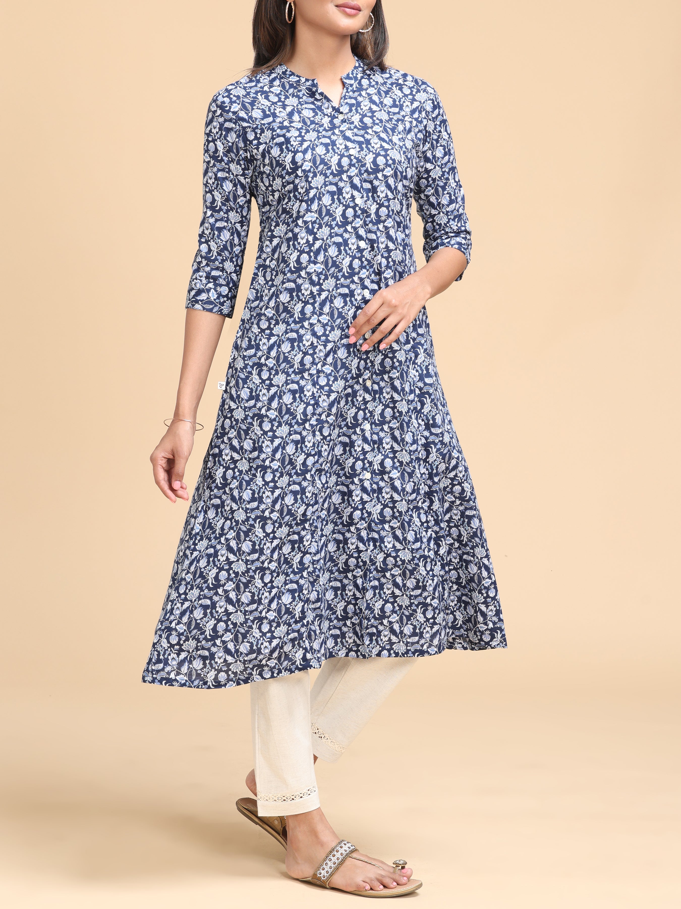 Blue Viscose Kurti With Floral Print