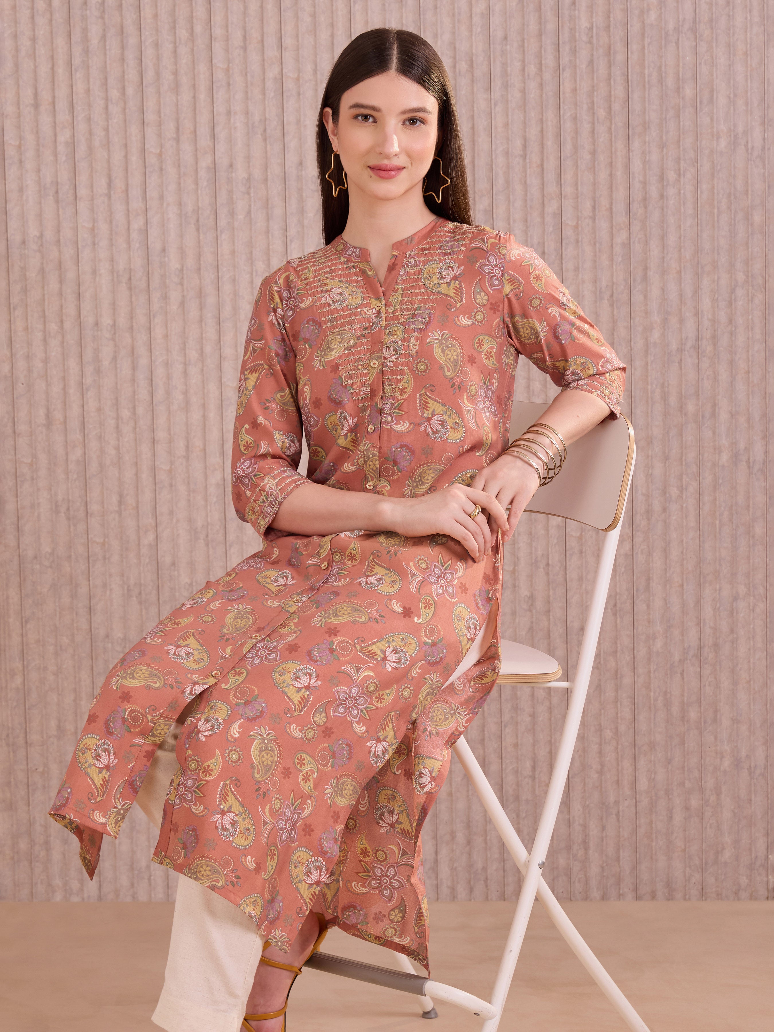 Orange Modal Chanderi Foil Printed Kurti With Seqiuins Embroidery