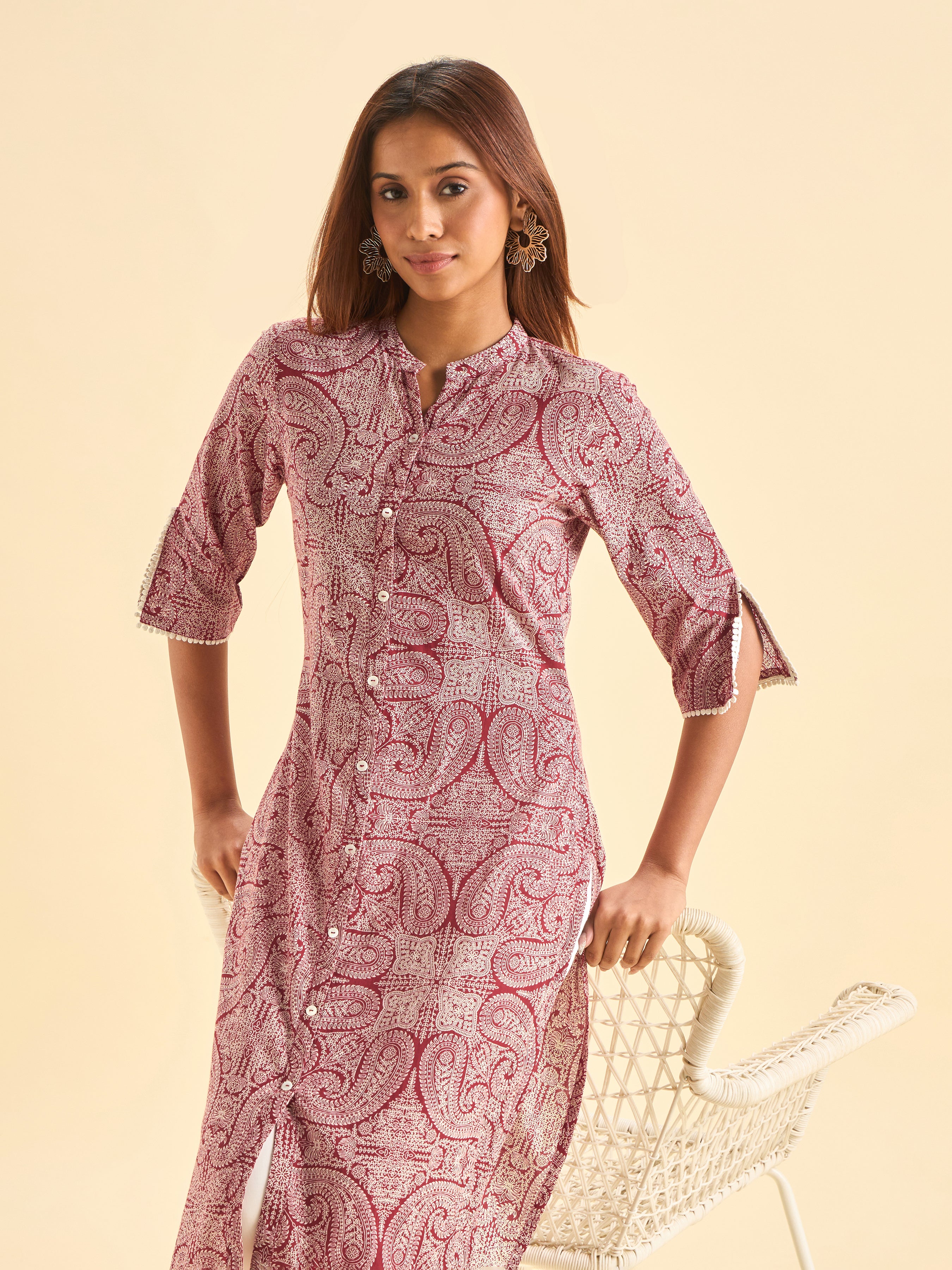 Red White Pure Cotton Printed Center Cut Kurti With Embroidery