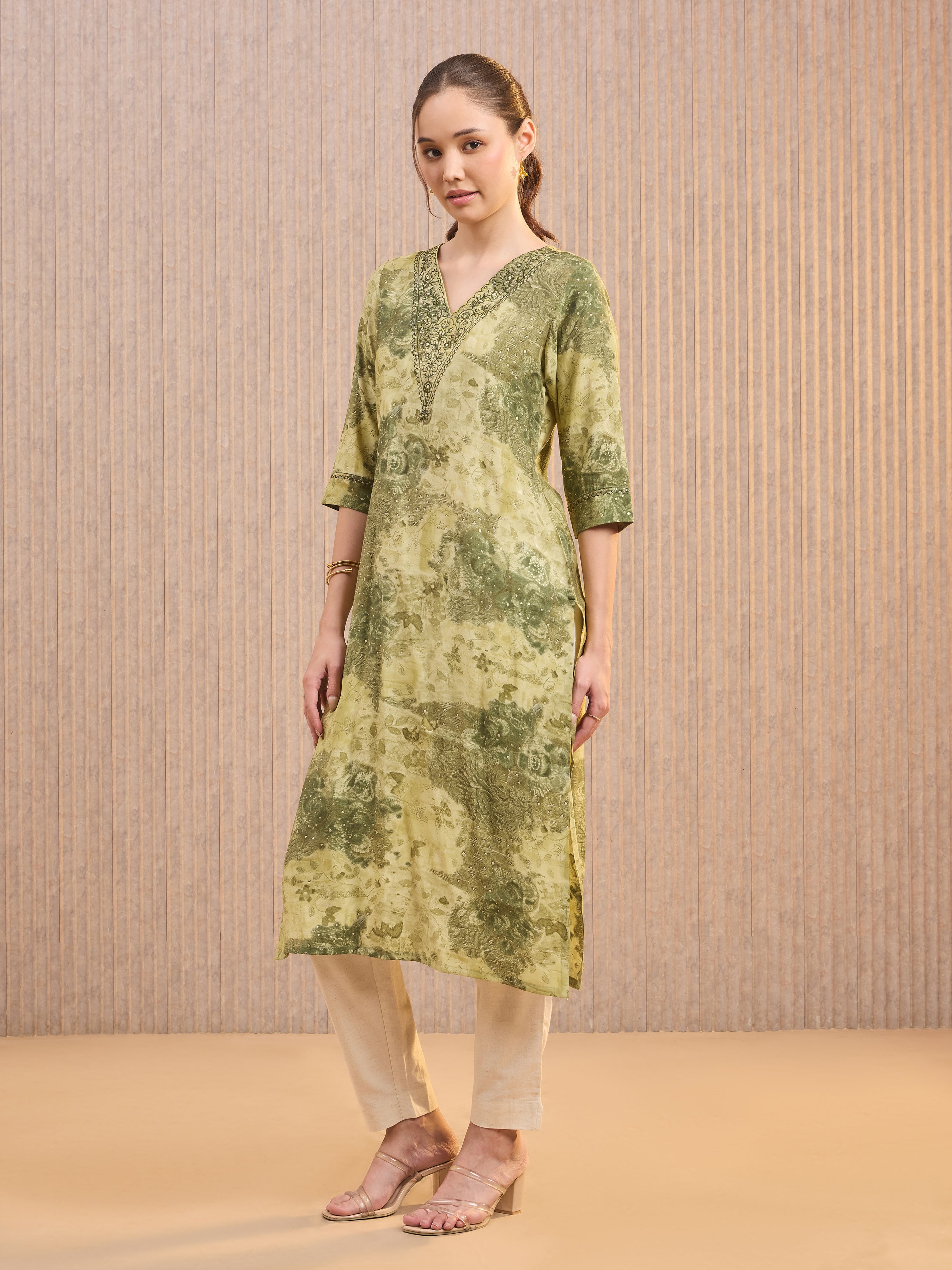 Green Modal Chanderi Foil Printed Kurti With Sequins Work
