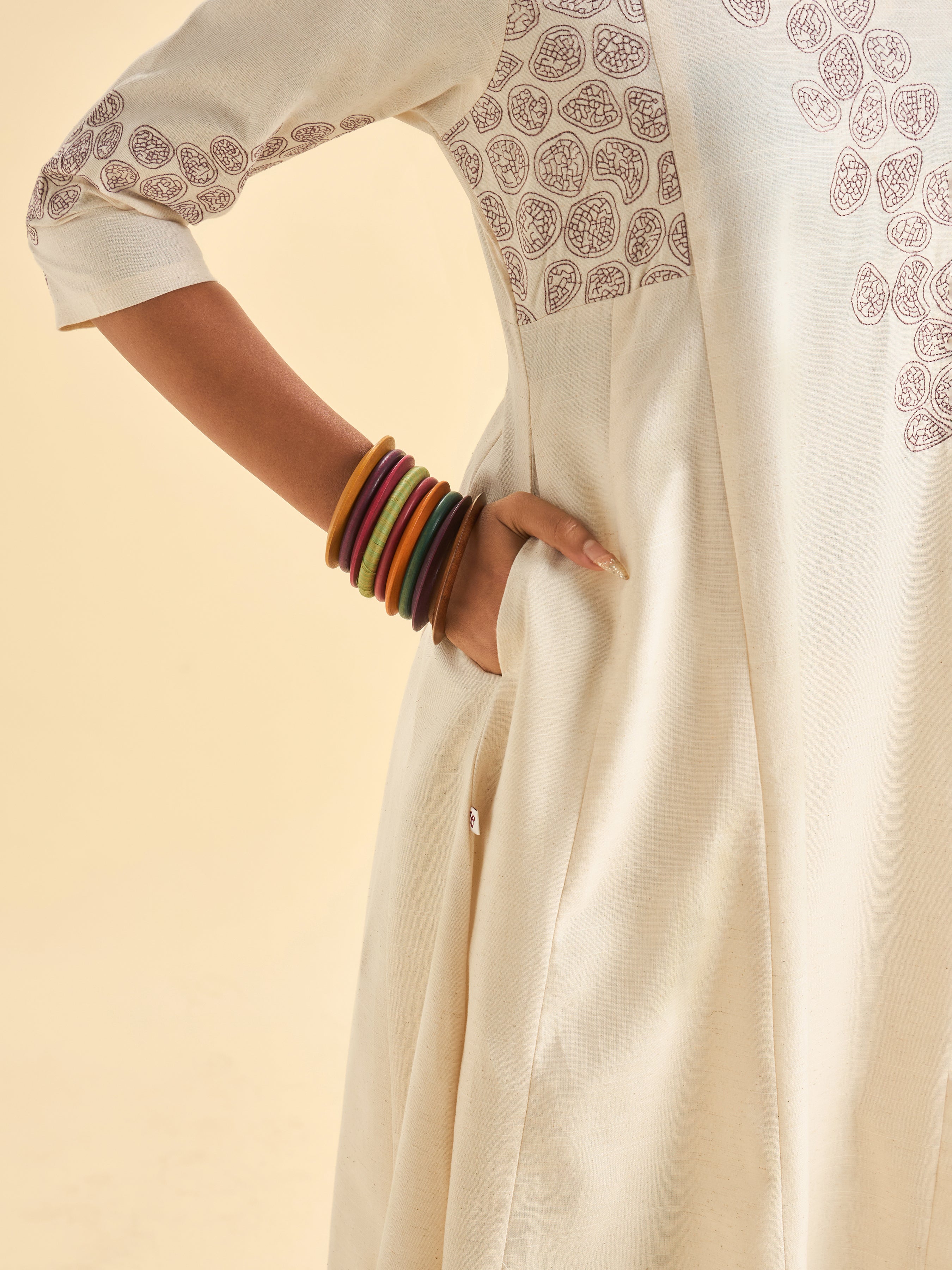 Ivory Cotton Flax Slub Flared Centre Panel Kurti