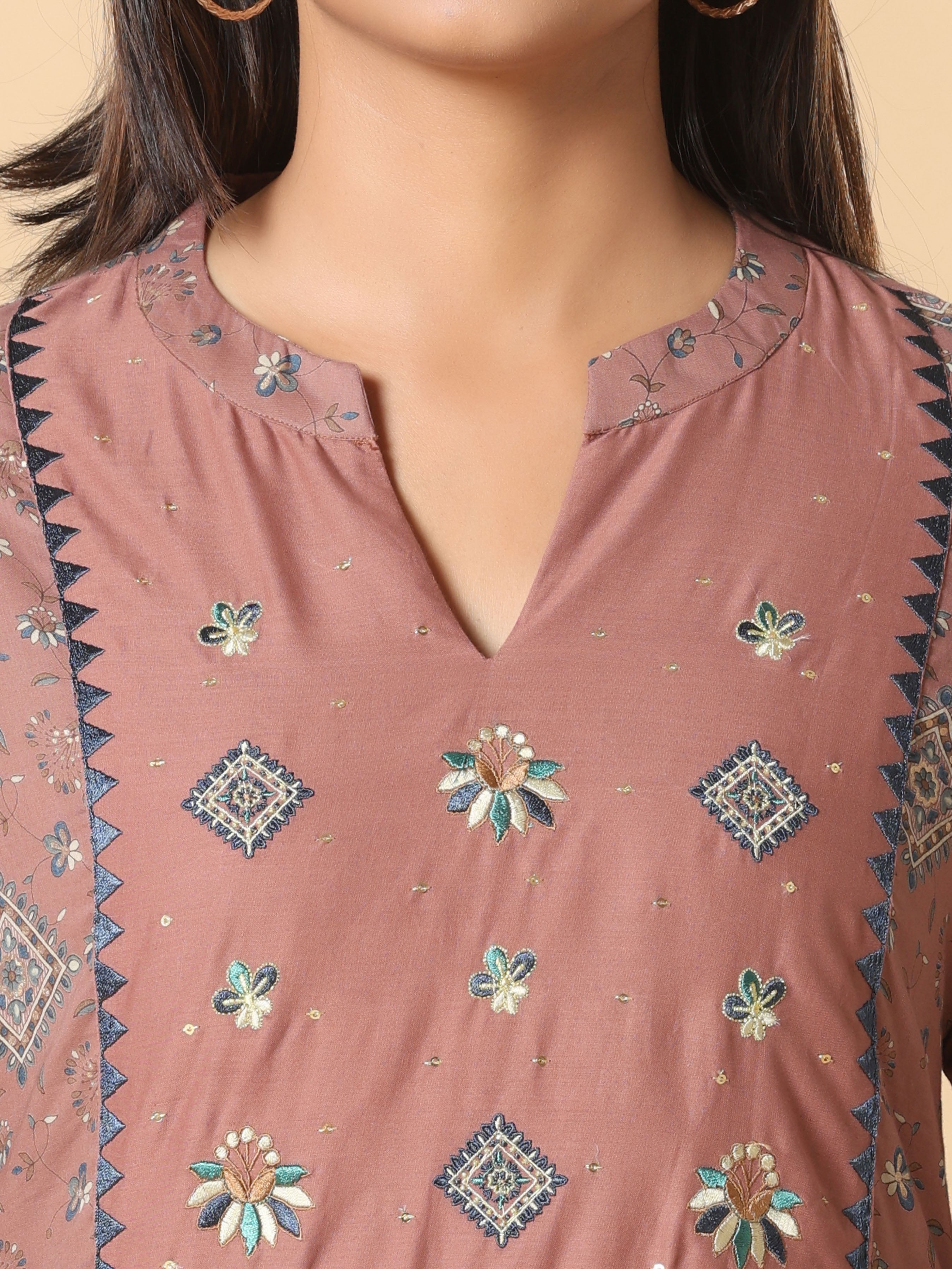 Light Brown Pure Cotton Printed Kurti With Embroidery