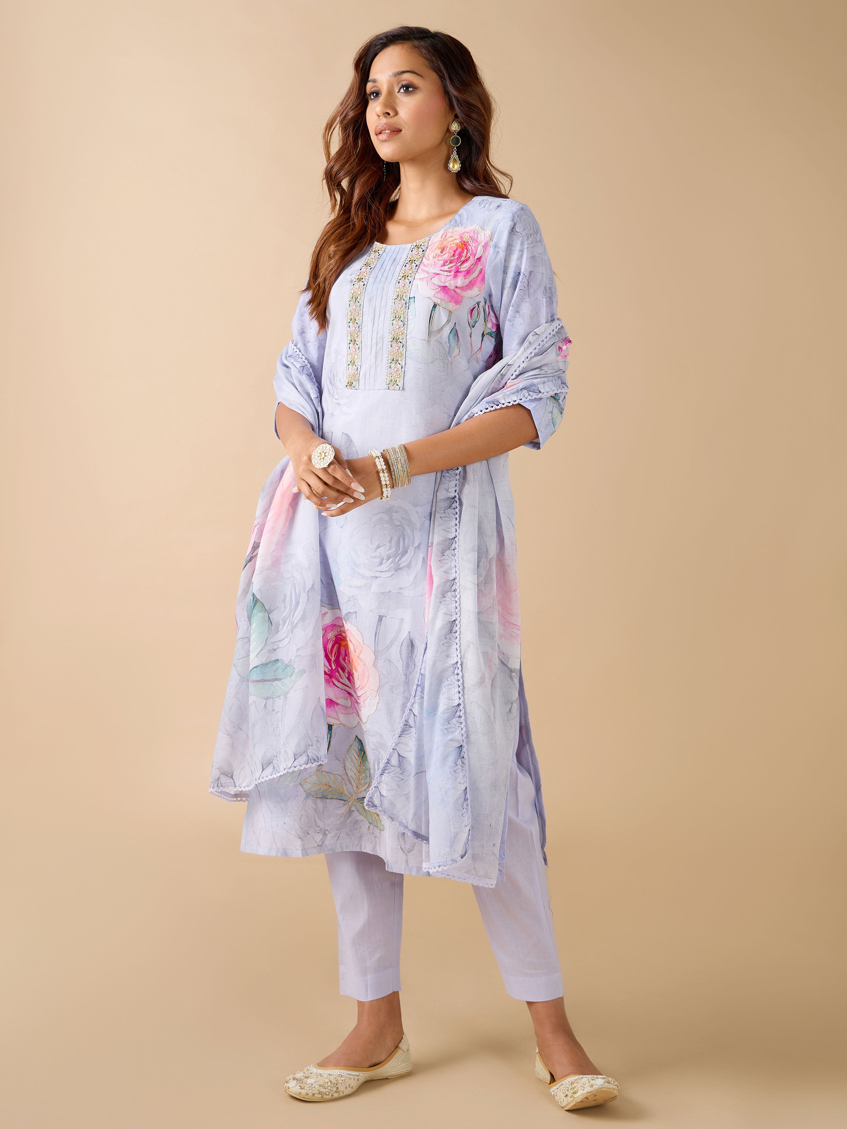 Lavender Pure Cotton Printed Kurti With Embroidery And Matching Bottom