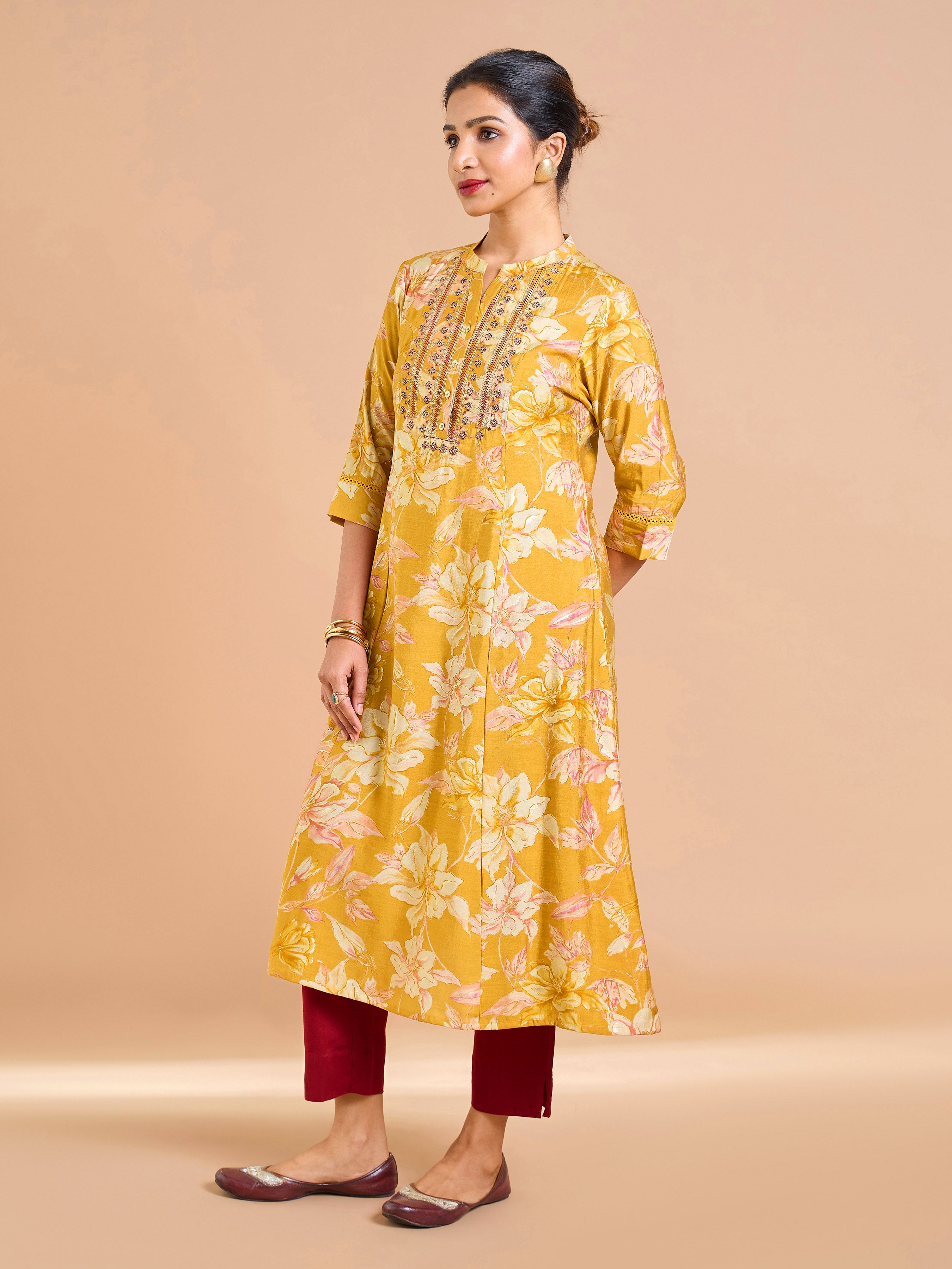 Mustard Yellow Modal Chanderi Printed Kurti With Embroidery