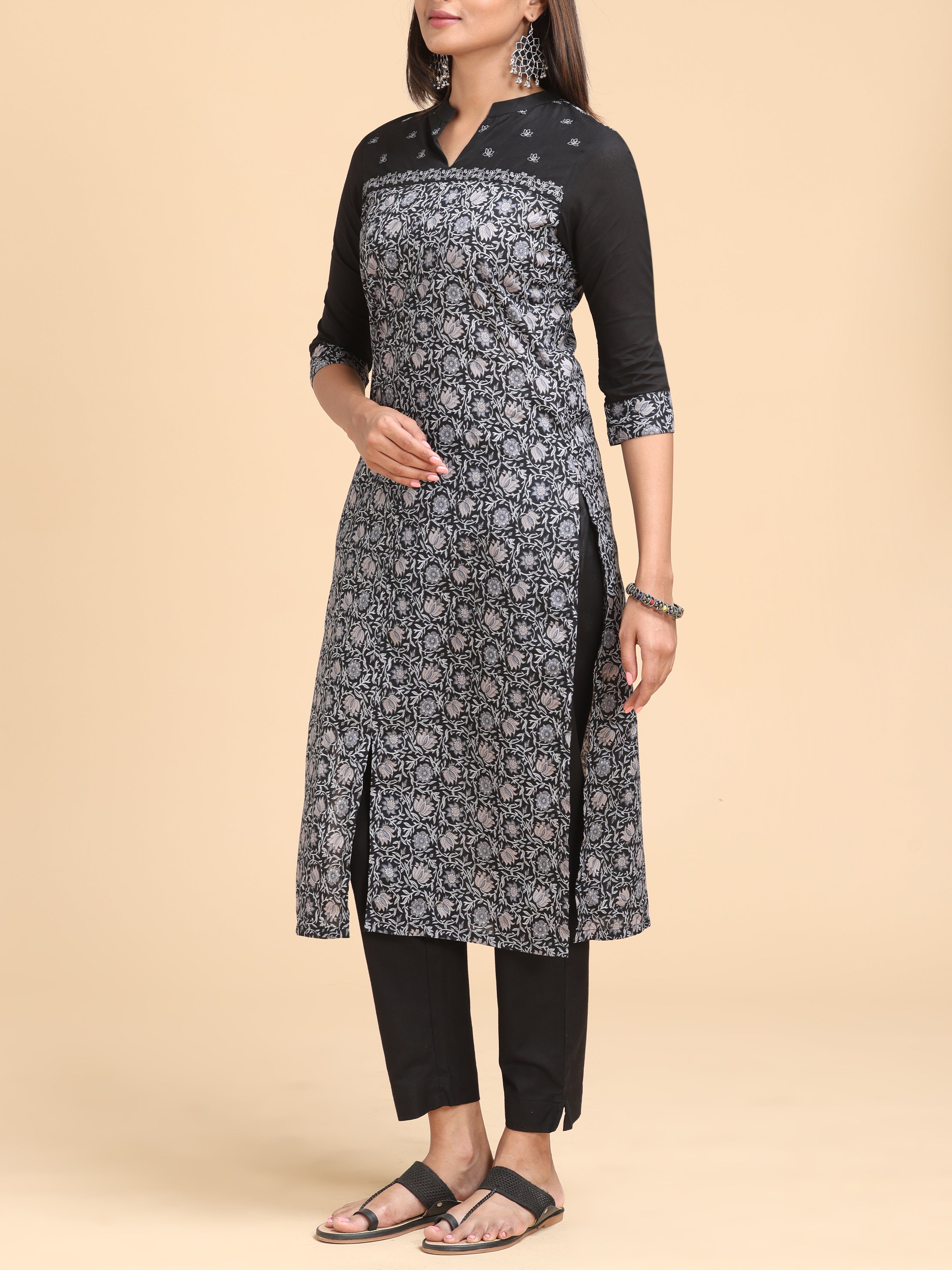 Black Pure Cotton Printed Kurti