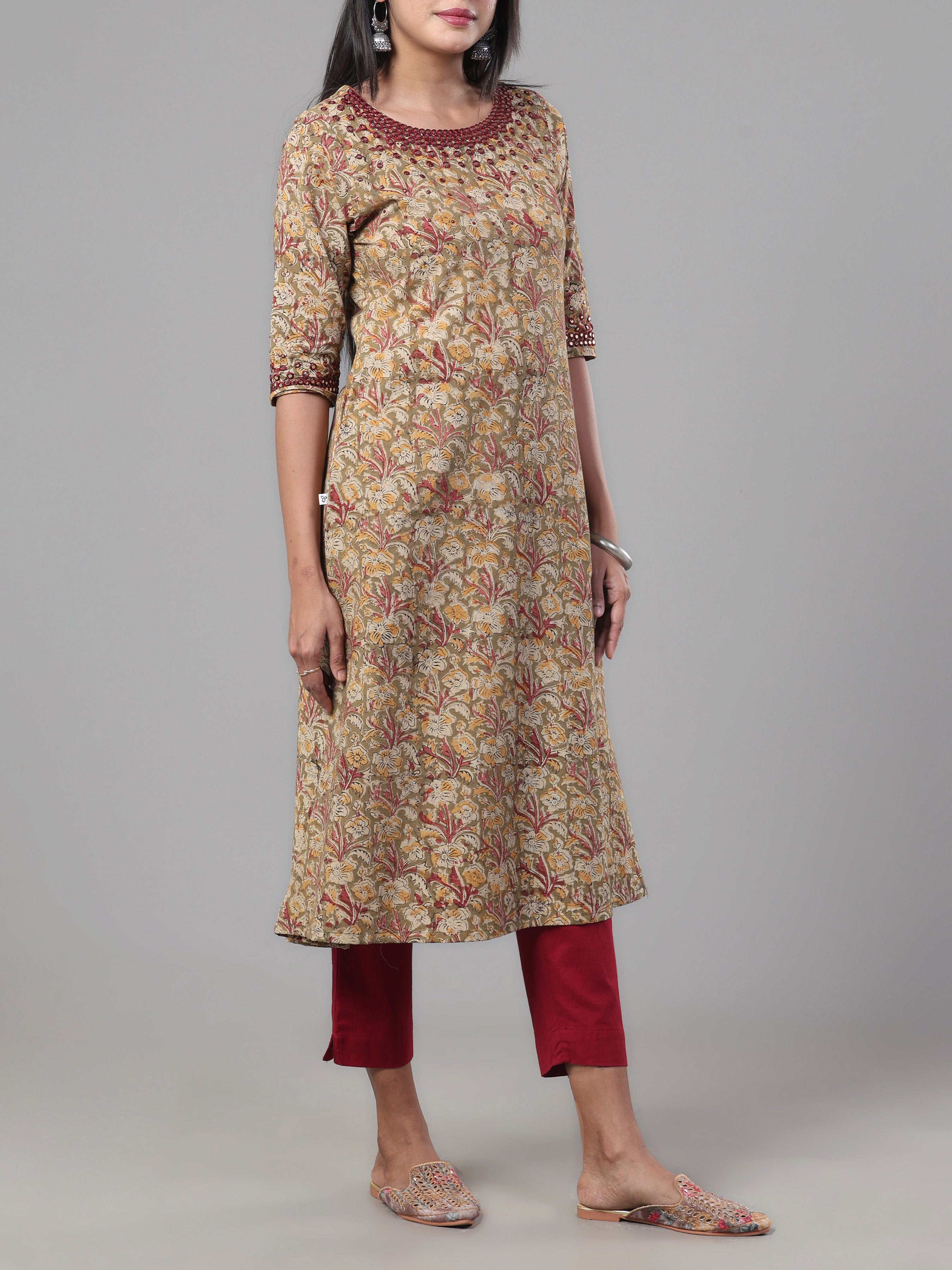 Olive Green Pure Cotton Printed Kurti With Mirror Work
