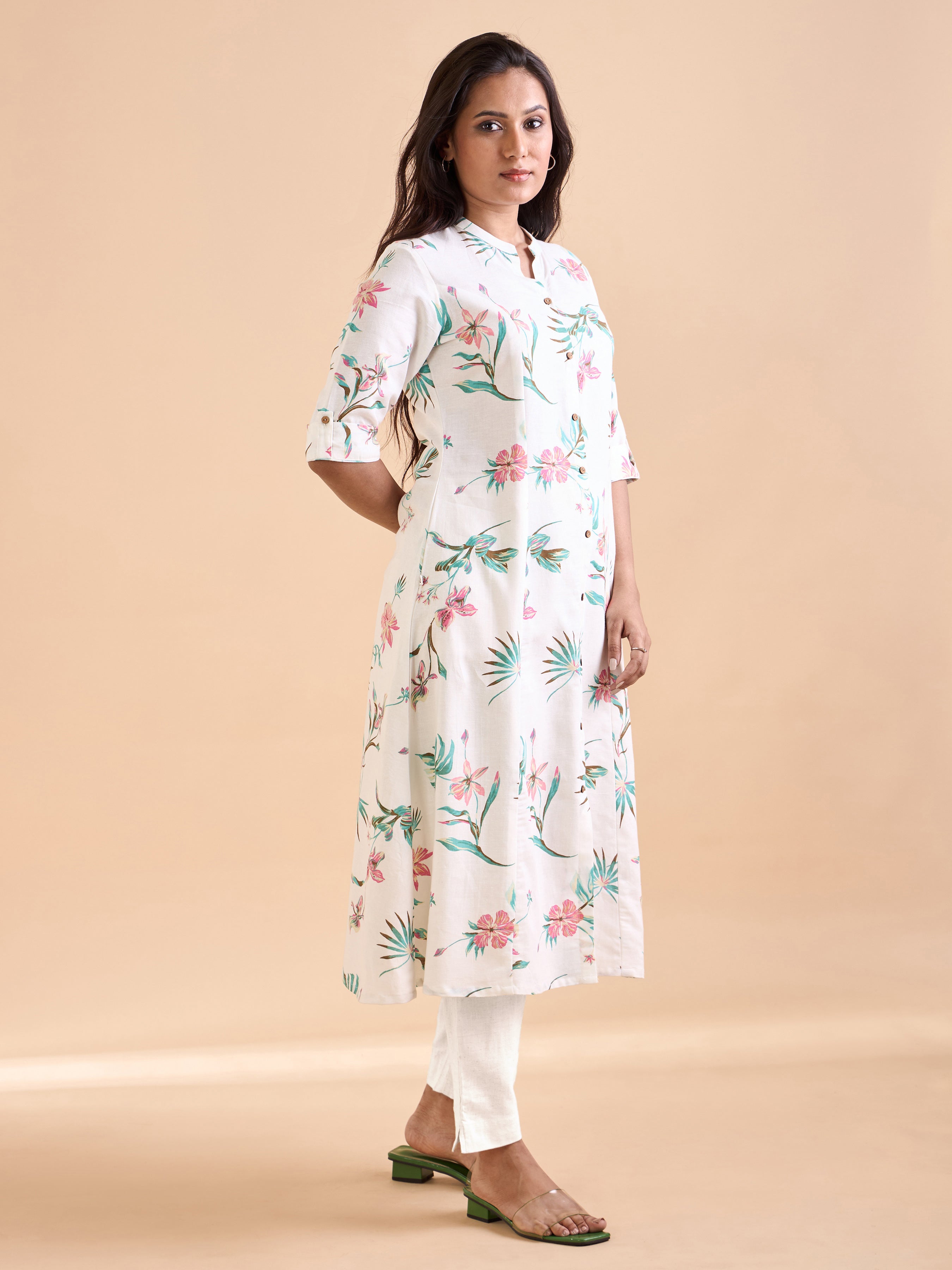White Viscose Slub Floral Printed Kurti With Lace