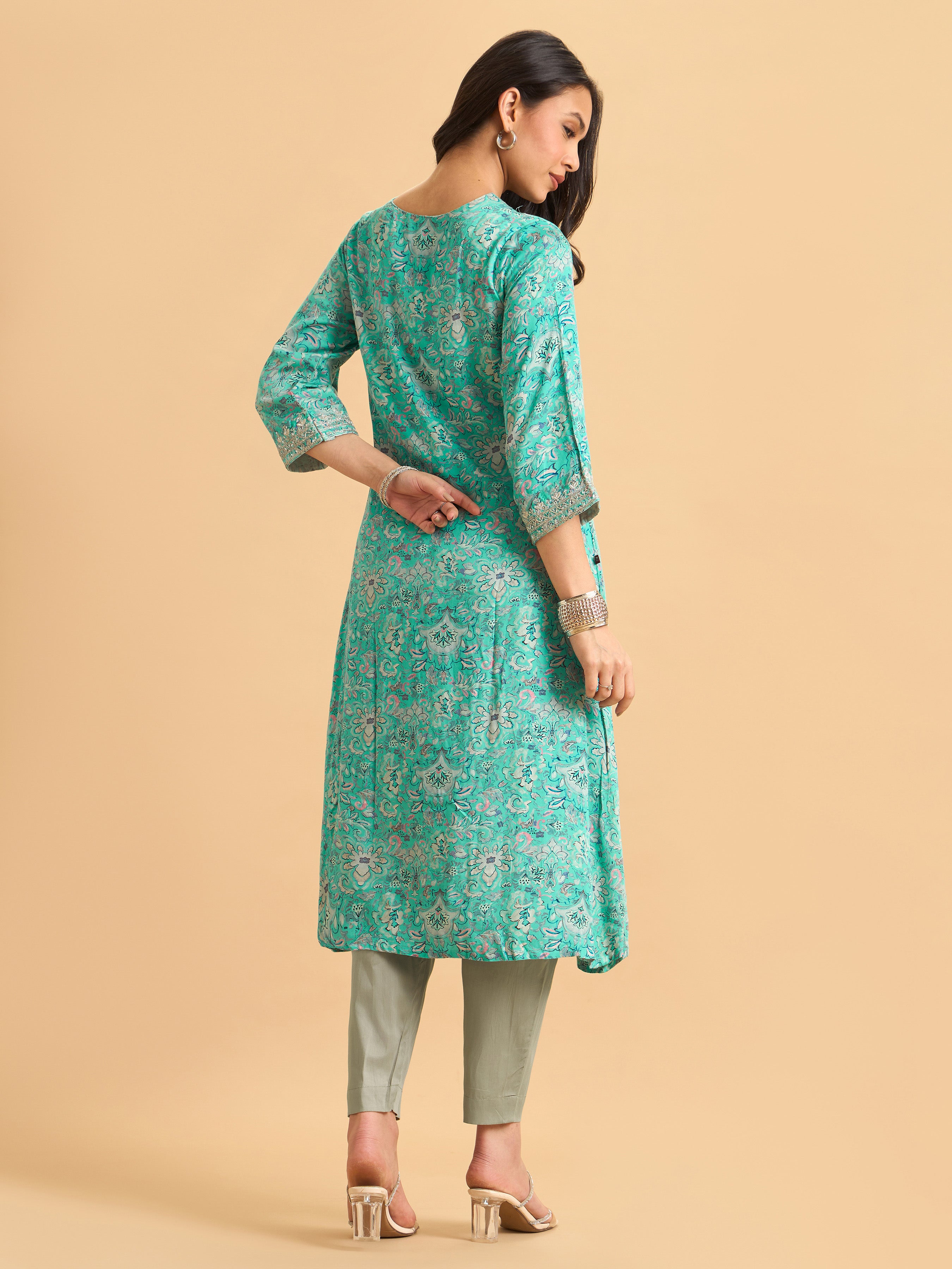 Aqua Blue Modal Satin Printed Kurti Set With Hand Work