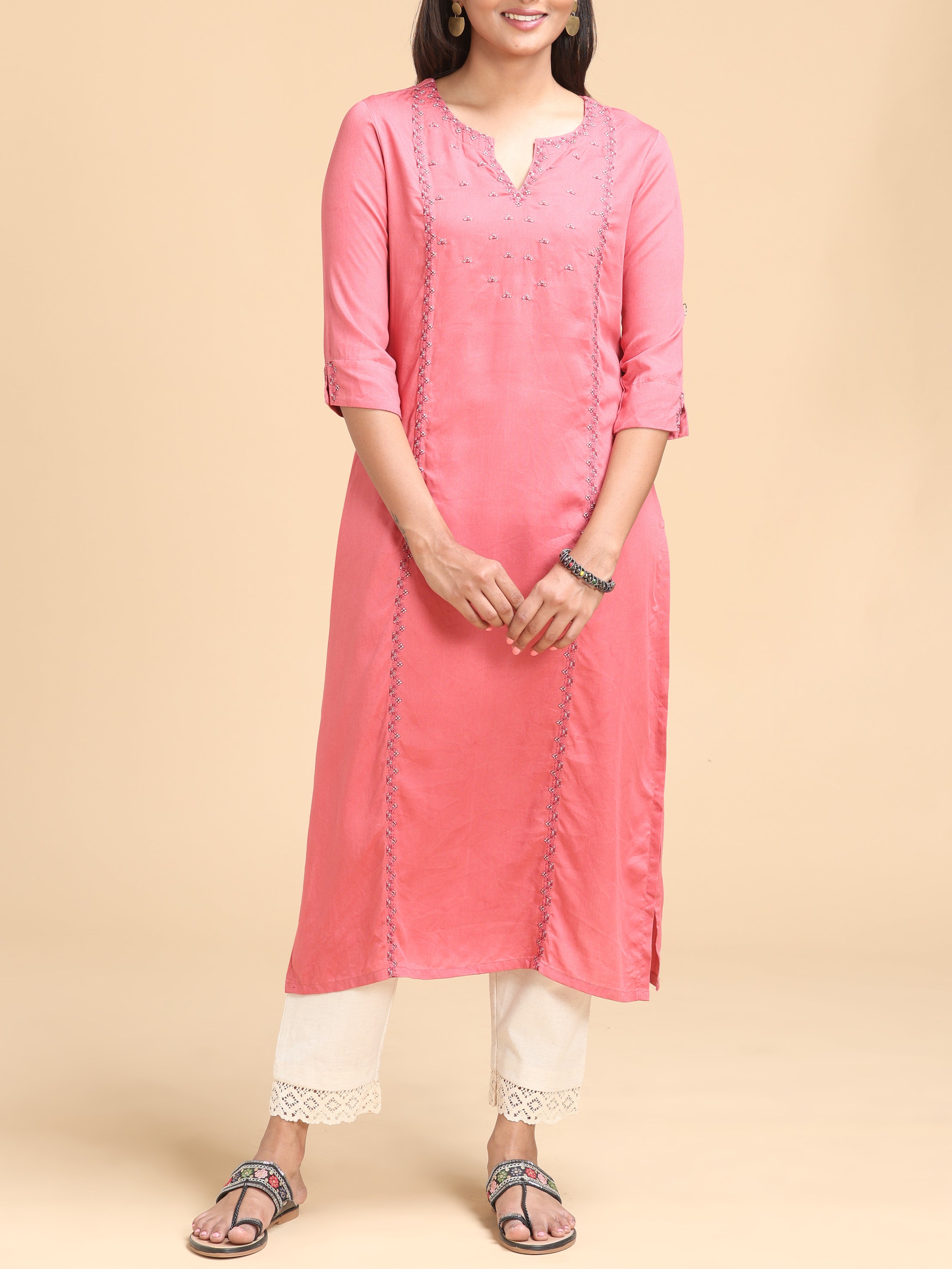 Light Pink Viscose Kurti With Embroidery