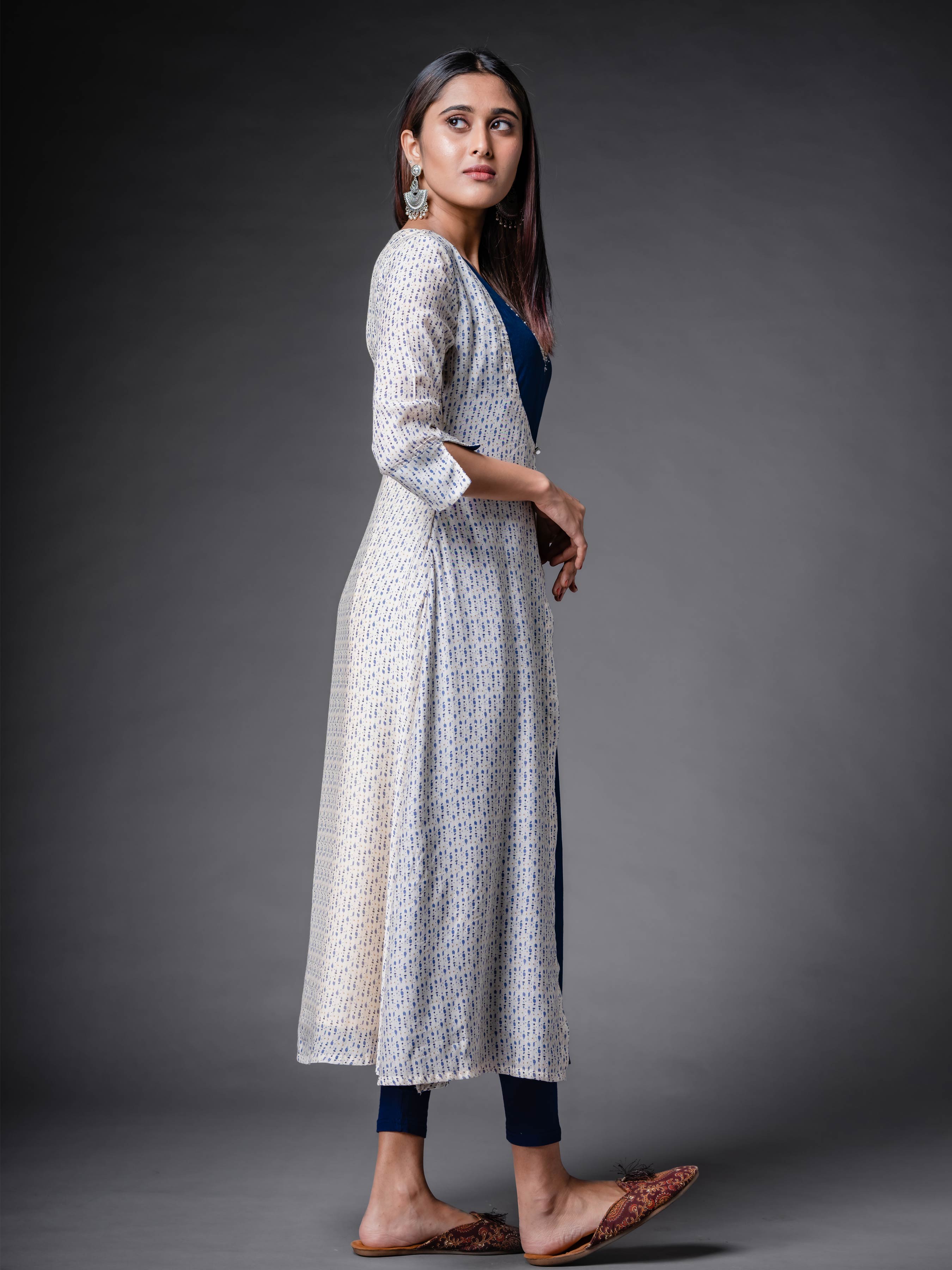 Multi-Colour Muslin Silk Printed Kurti With Handwork And Overcoat