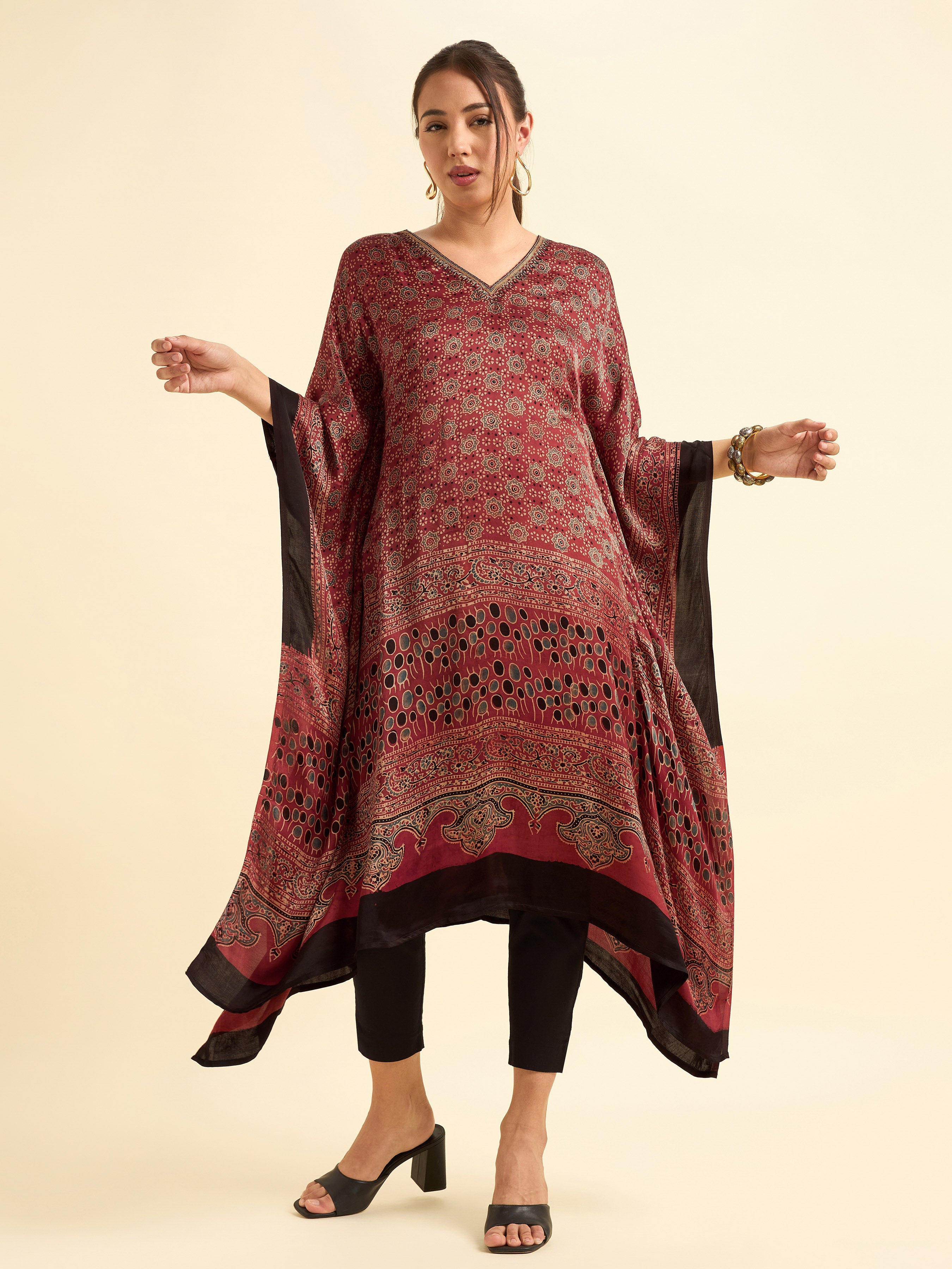 Maroon Multi Colour Modal Satin Kaftan With Embroidery Sequins Work