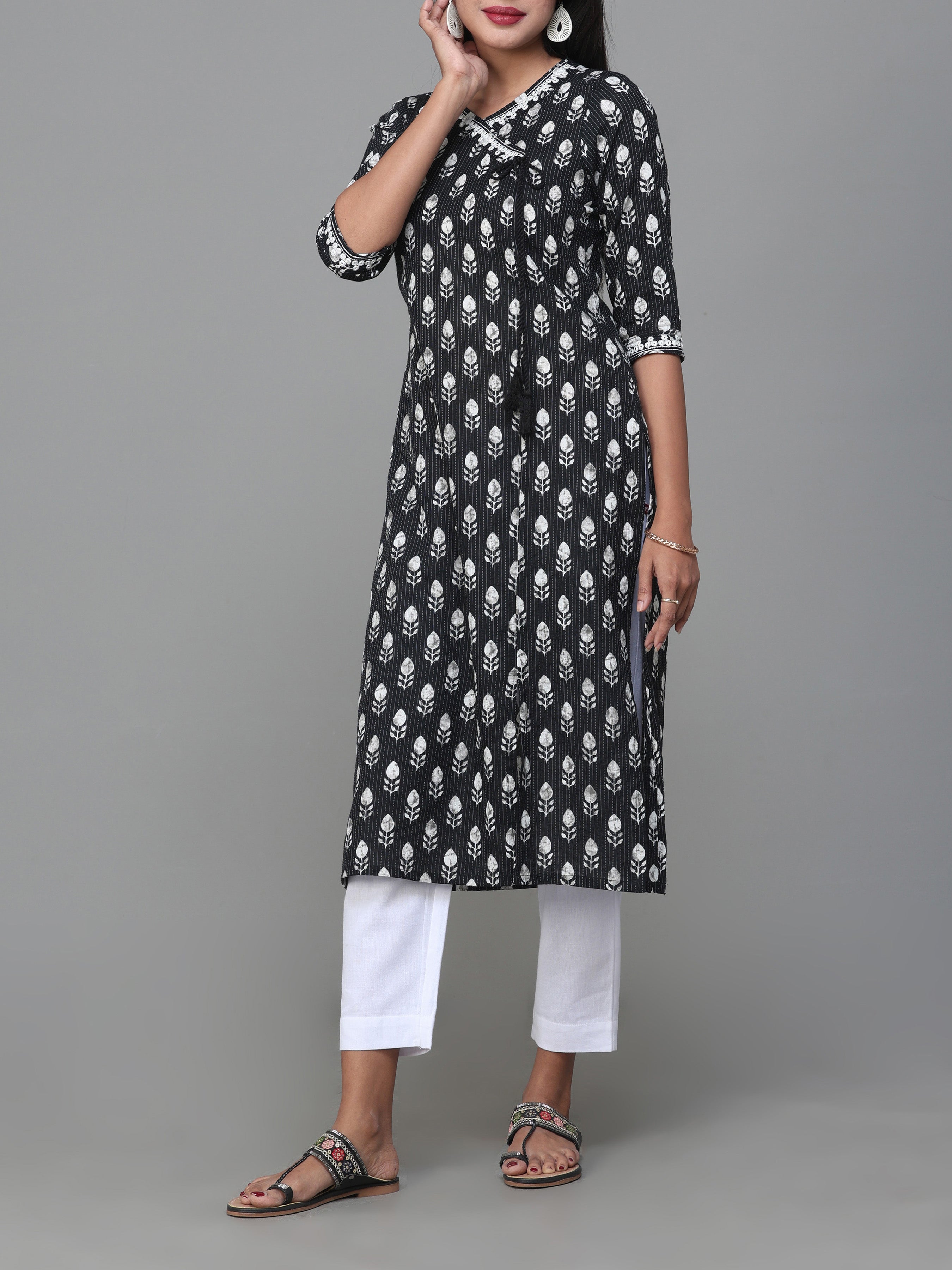 Black Cotton Dobby Printed Kurti With Embroidery
