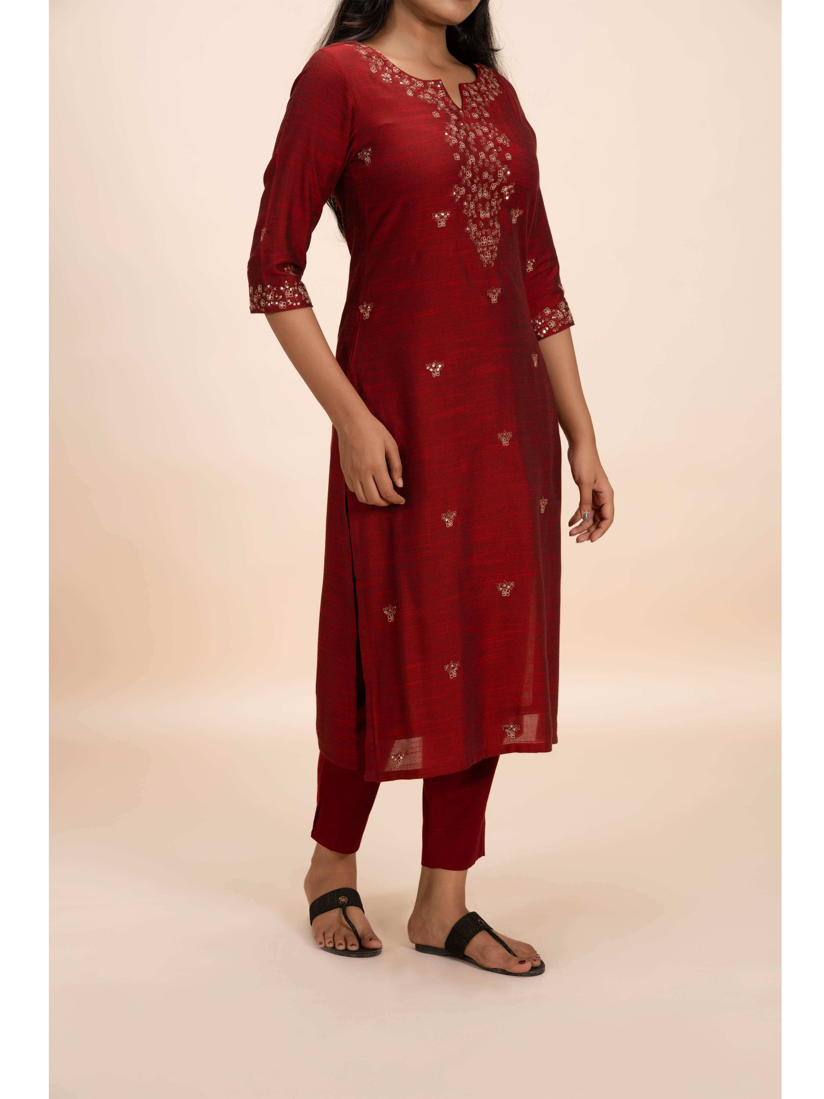 Red Cotton Viscose Kurti With Embroidery