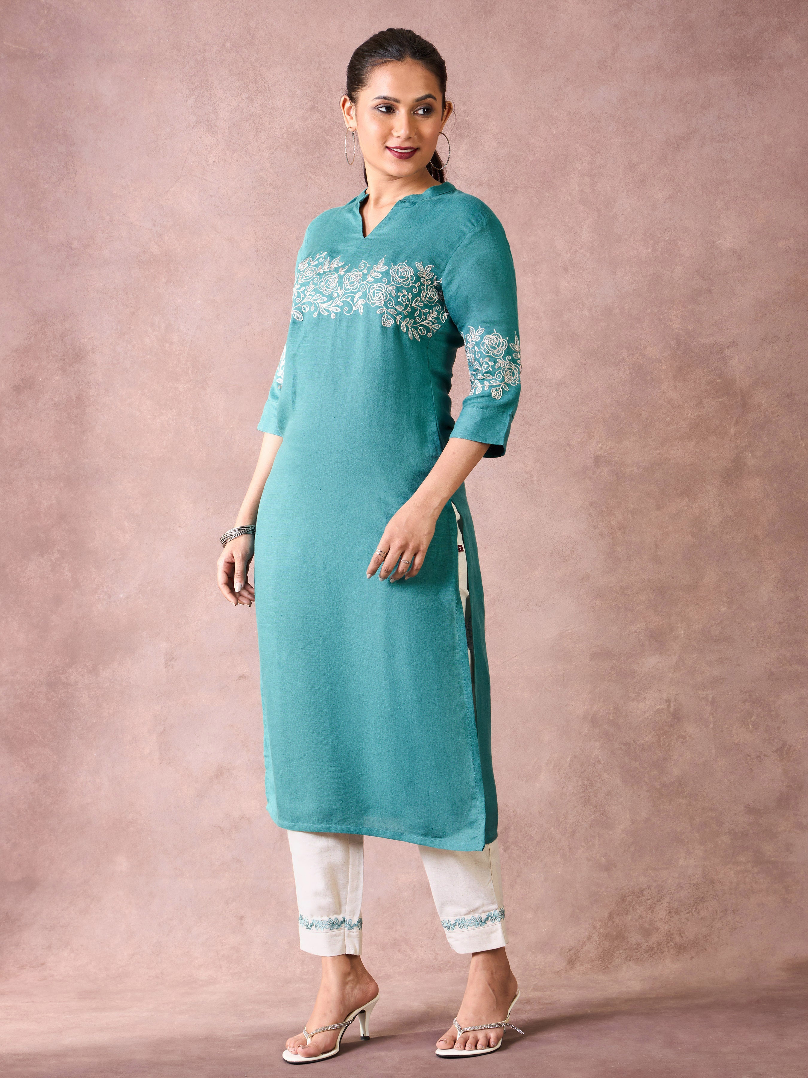 Teal Blue Viscose Linen Kurti & Bottom With Embroidery