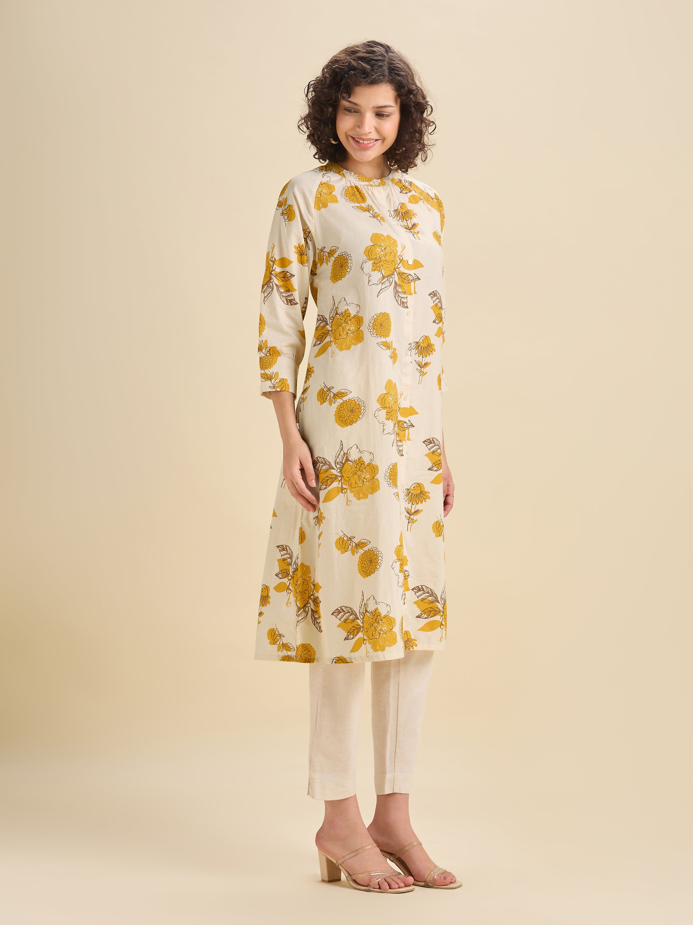 Ivory And Mustard Cotton Printed Kurti With Raglan Sleeve