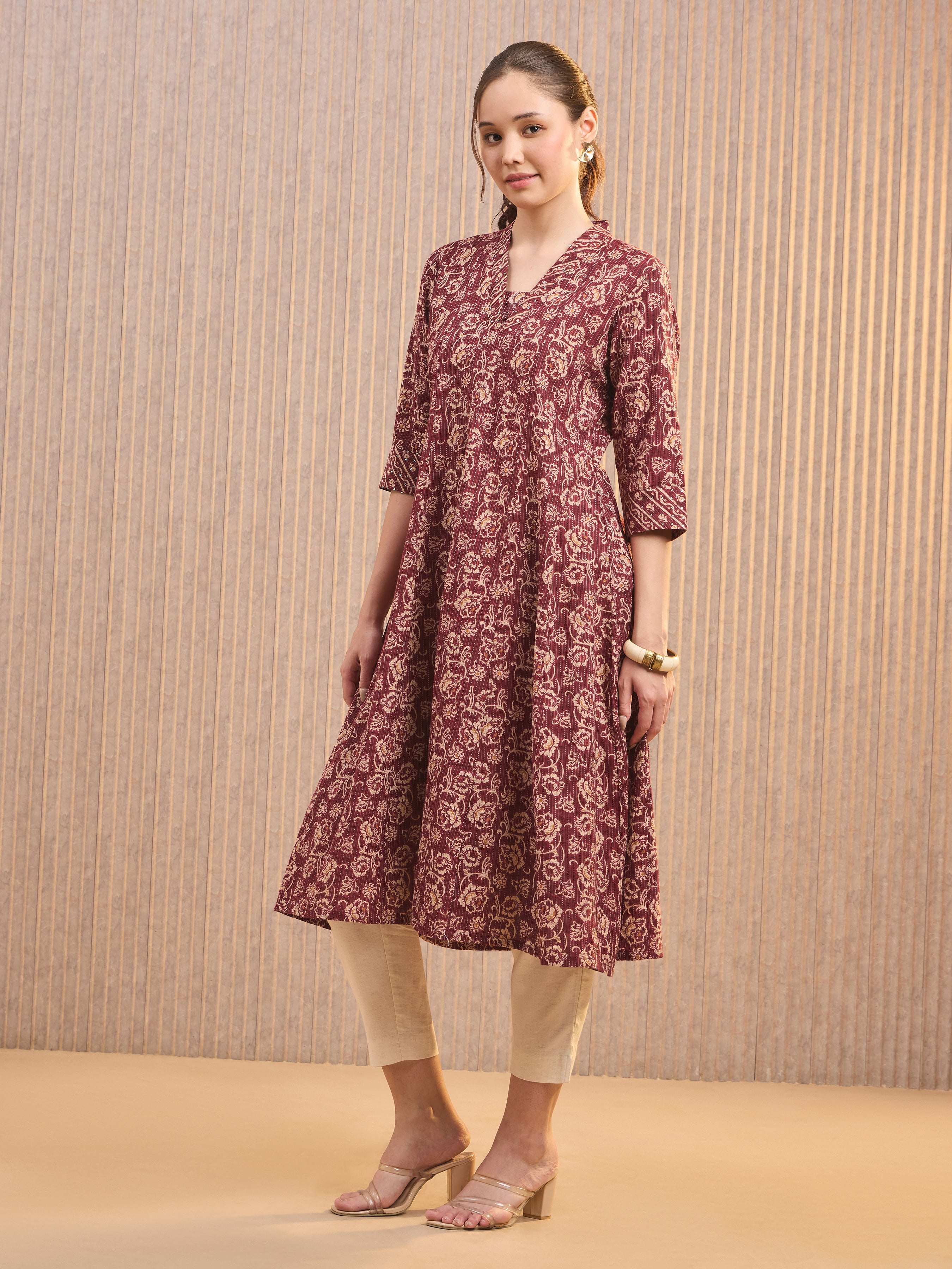 Maroon Pure Cotton Katha Printed Kali Cut Kurti With Sequins Work