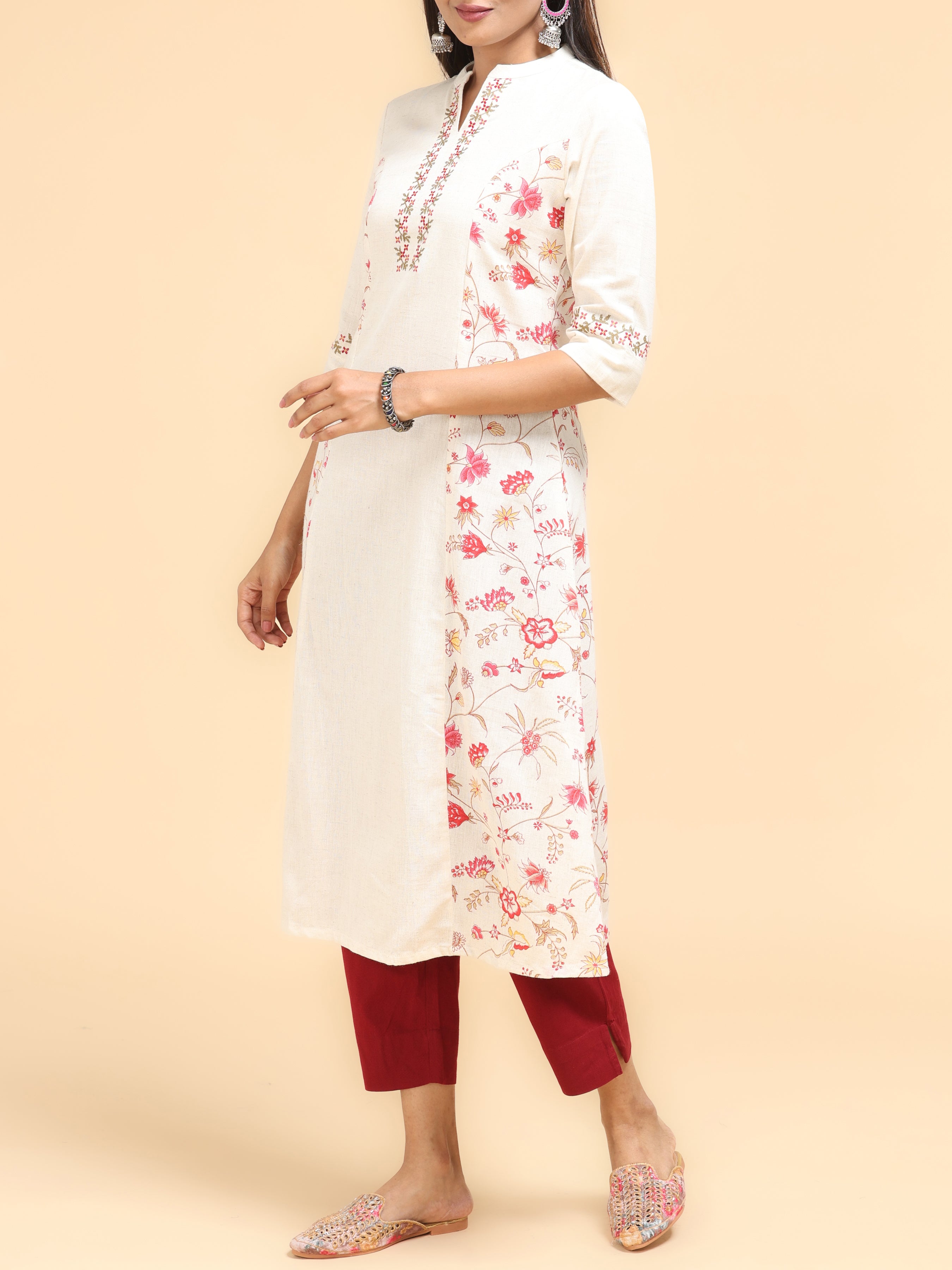 Off White Cotton Flax Printed Kurti With Pannel Cut