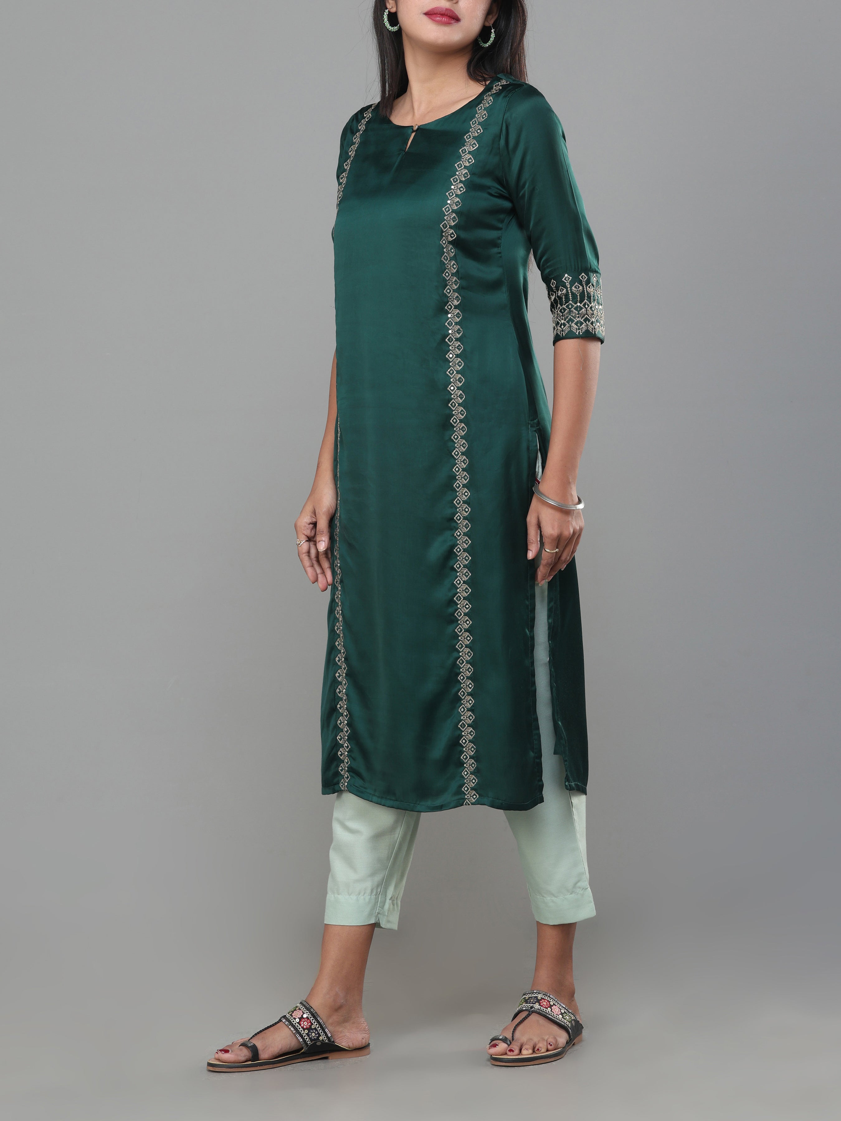 Bottle Green Satin Kurti With Matching Bottom