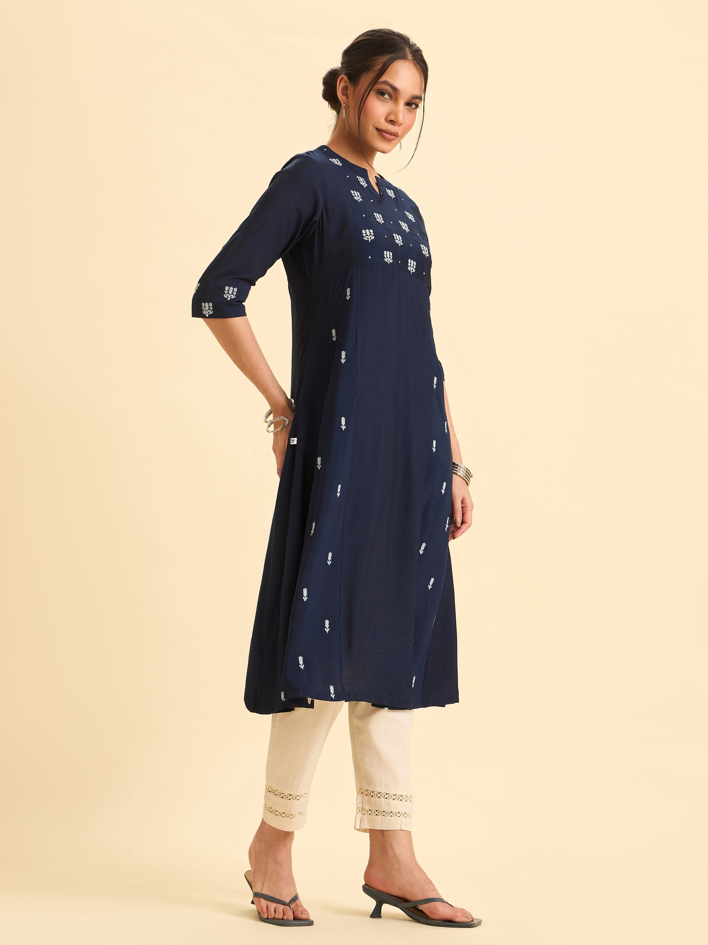 Navy Blue Viscose Blend Flared Kurti With Embroidery