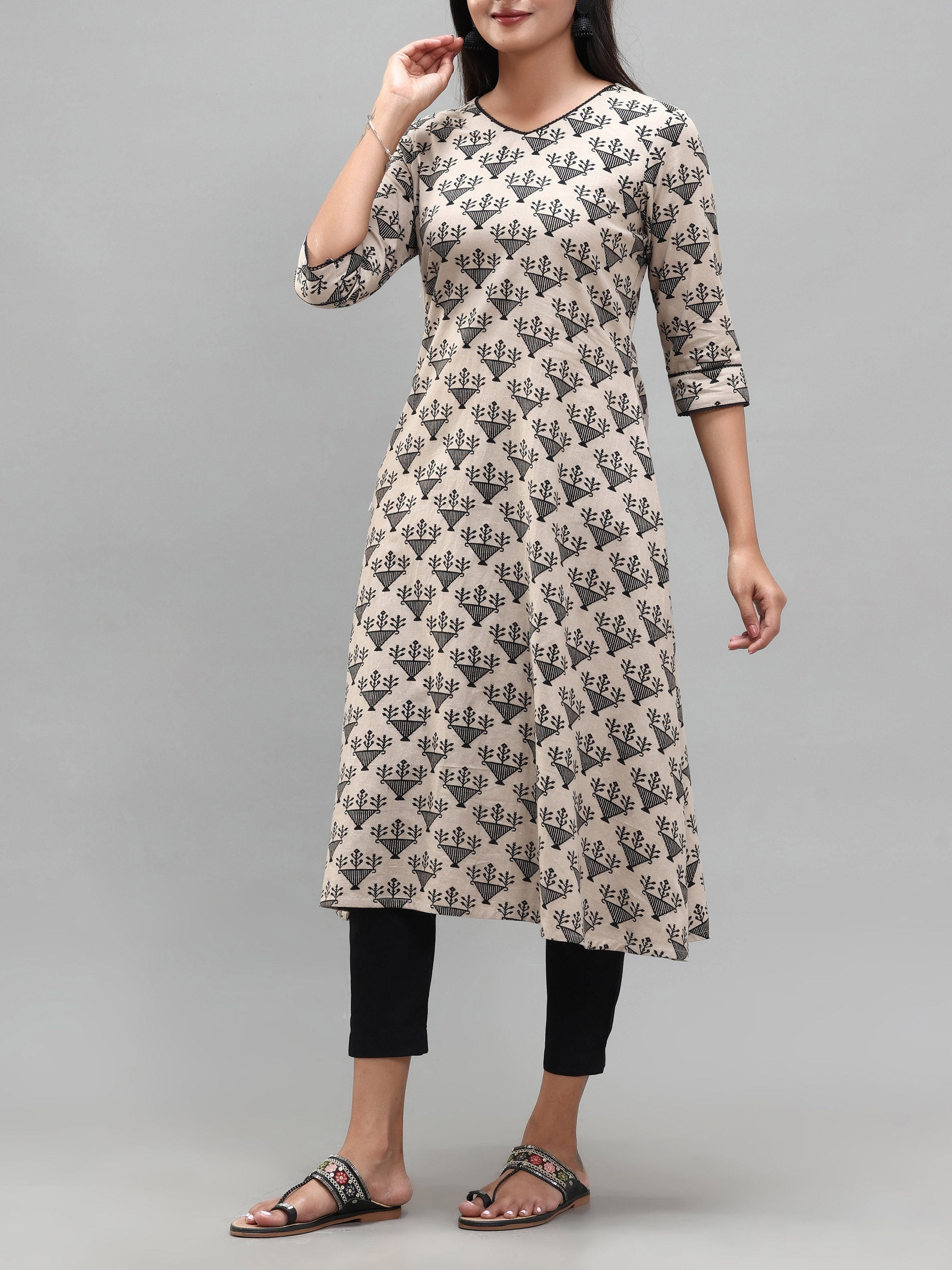 Beige Cotton Flax Printed Kurti With Lace Detailing
