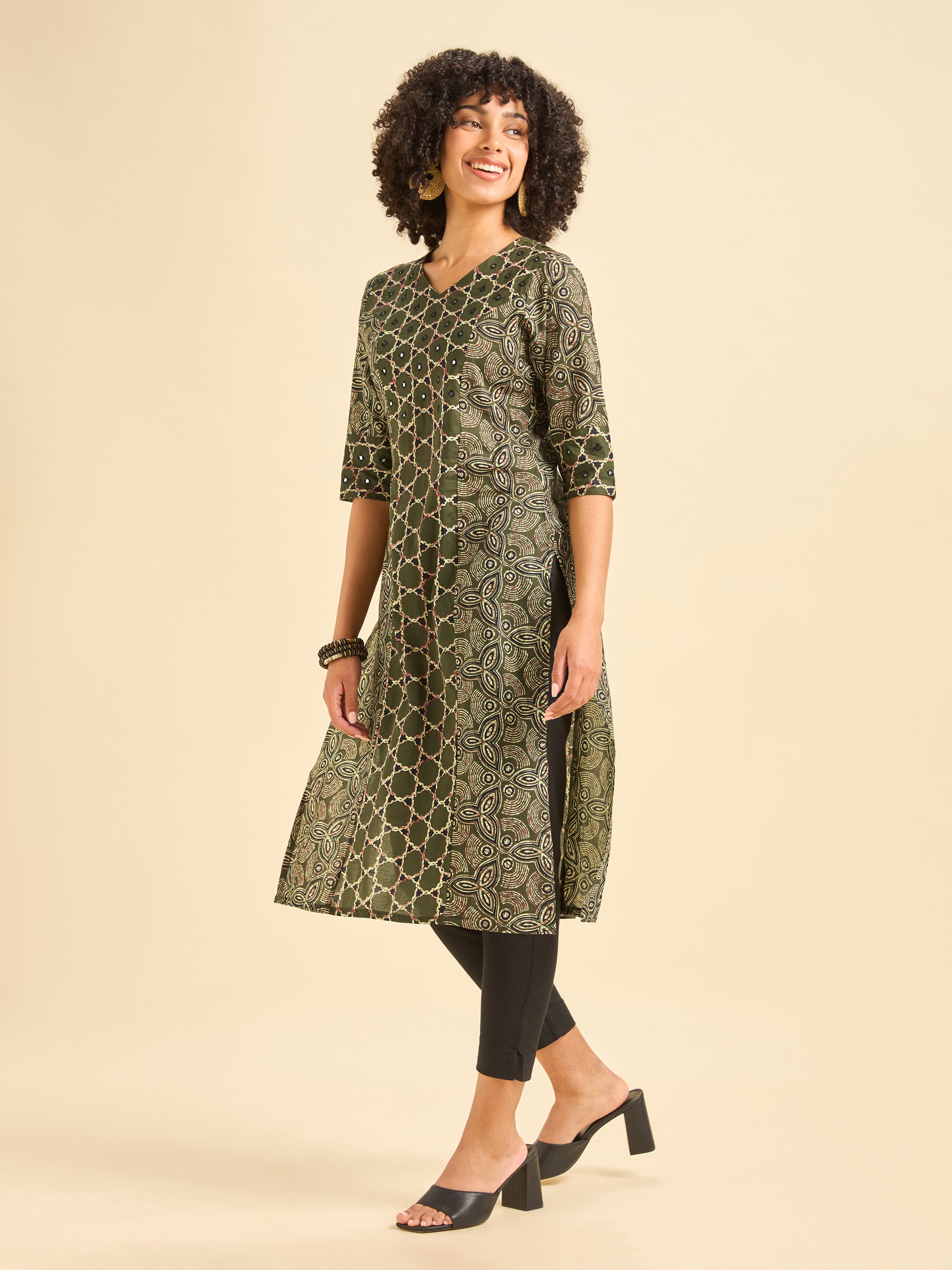 Olive Green Pure Cotton Printed Kurti With Mirror Work