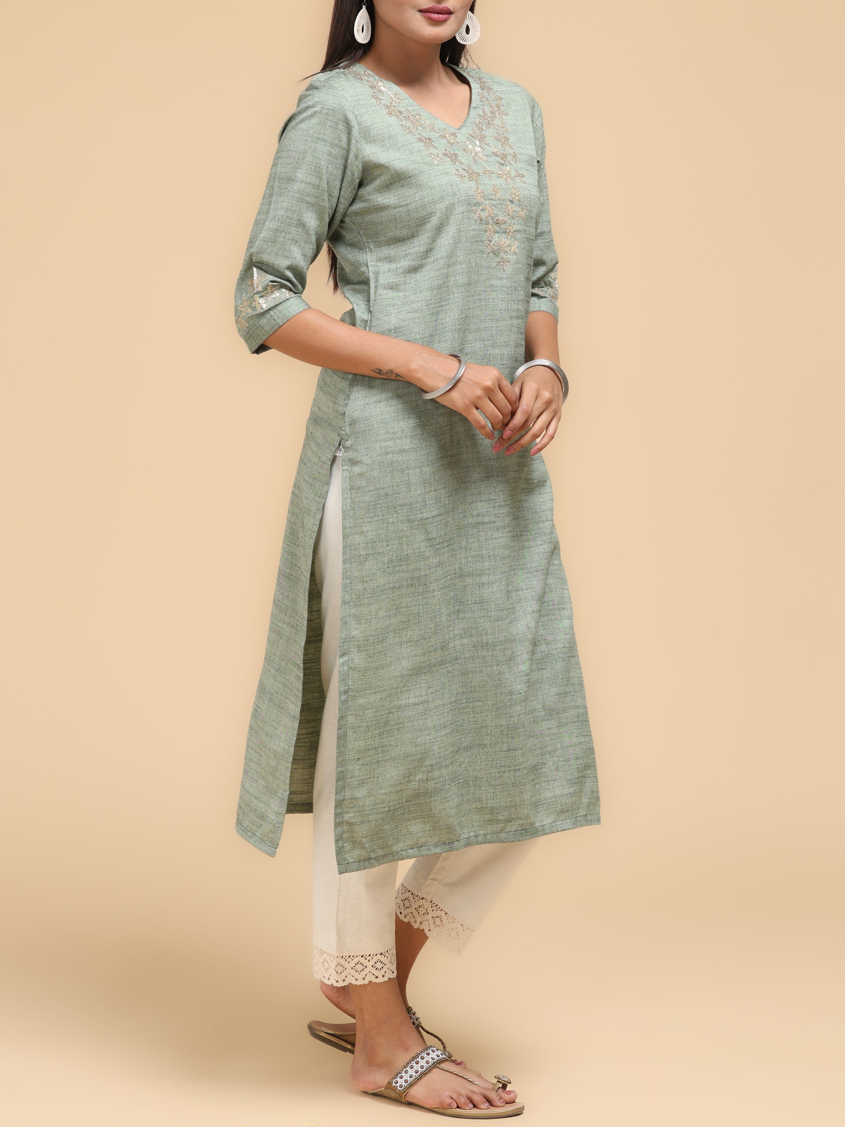 Pastel Green Wrinkled Viscose Kurti With Embroidery