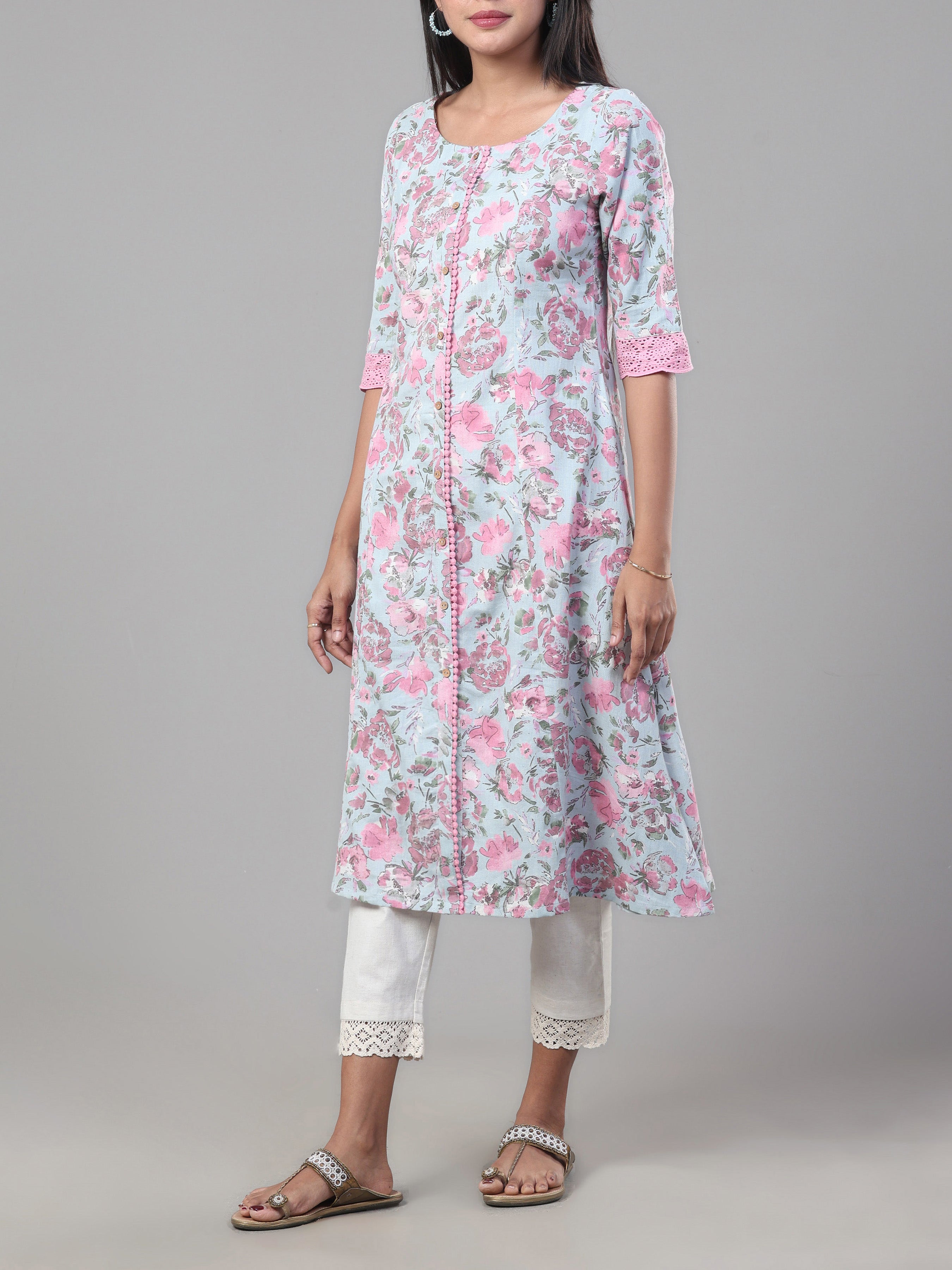 Pink And Blue Cotton Flax Printed Kurti