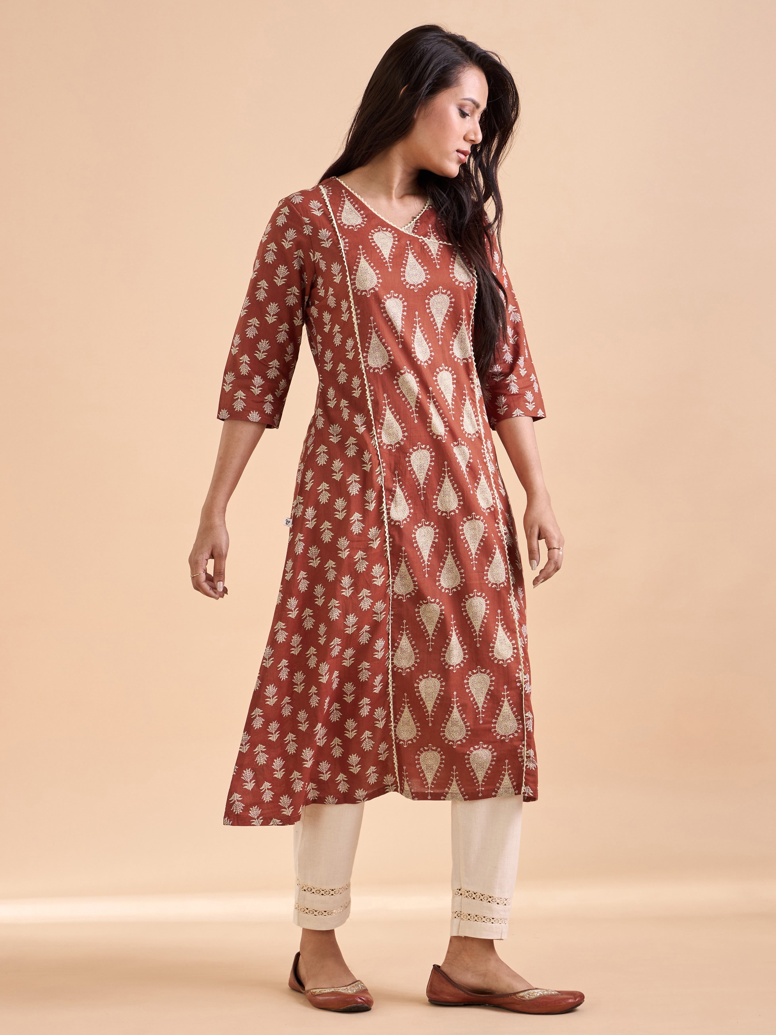 Brick Brown Pure Cotton Printed Kurti With Lace
