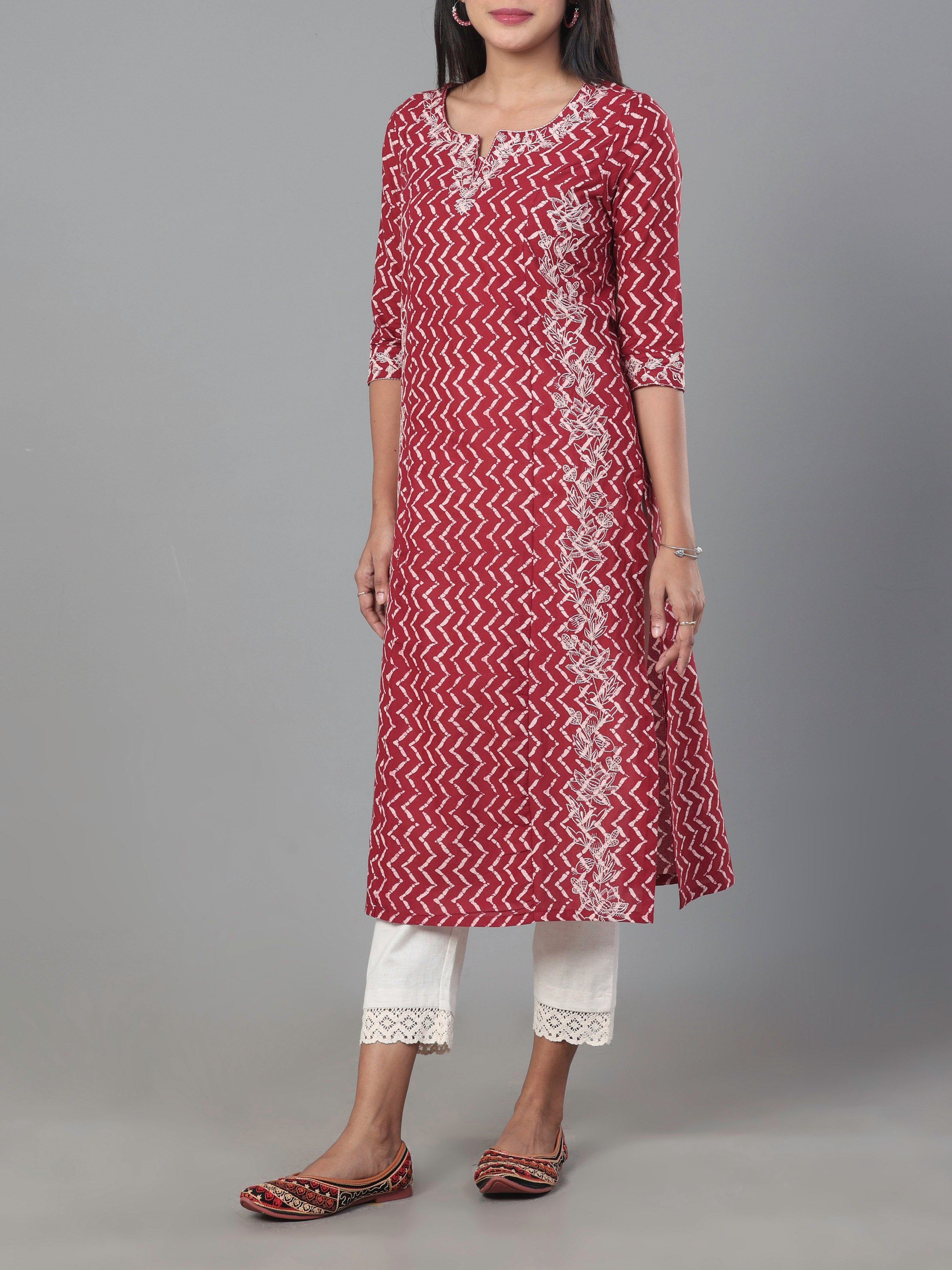 Meroon Pure Cotton Printed Kurti With Embroidery