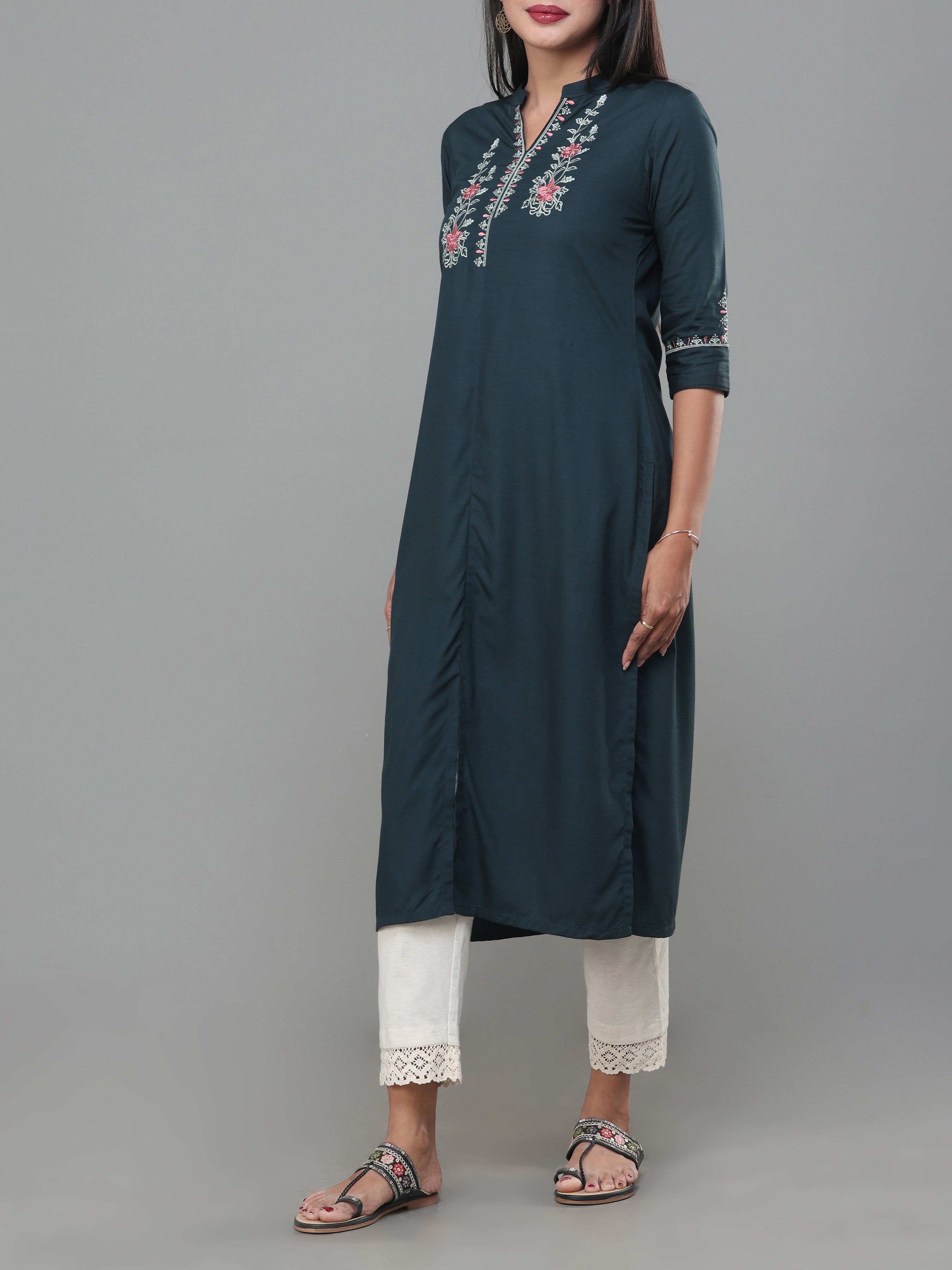 Teal Green Viscose Slub Kurti With Embroidery