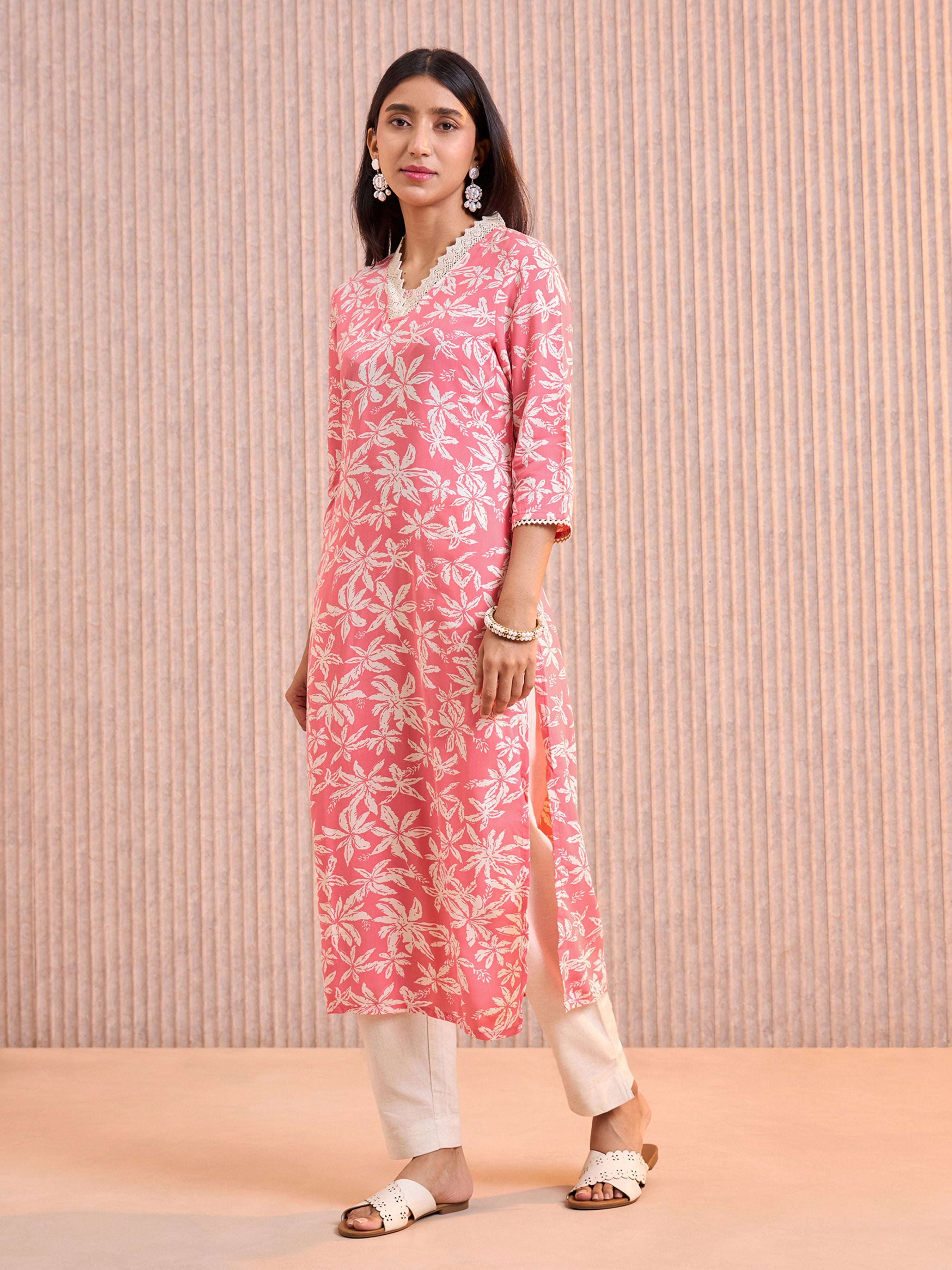Pink Viscose Printed Kurti With Lace