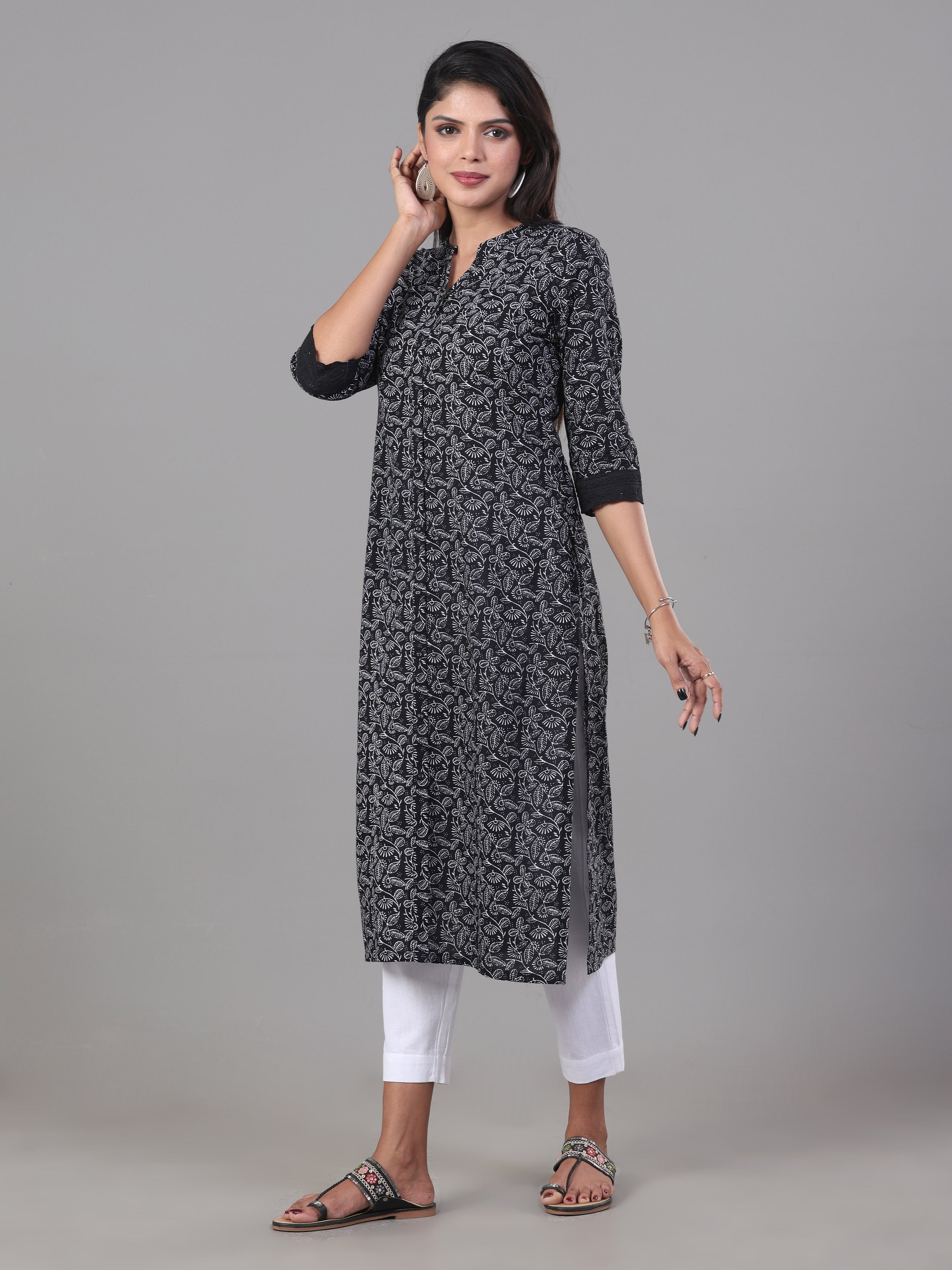 Black And White Pure Cotton Printed Kurti With Lace Detailing