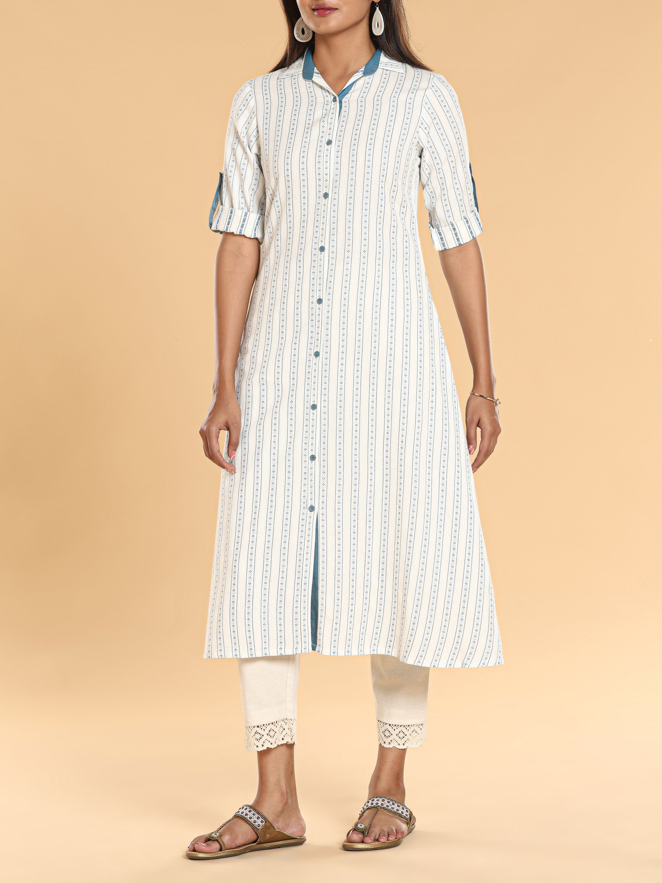 Off White Cotton Dobby Kurti With Button Placket